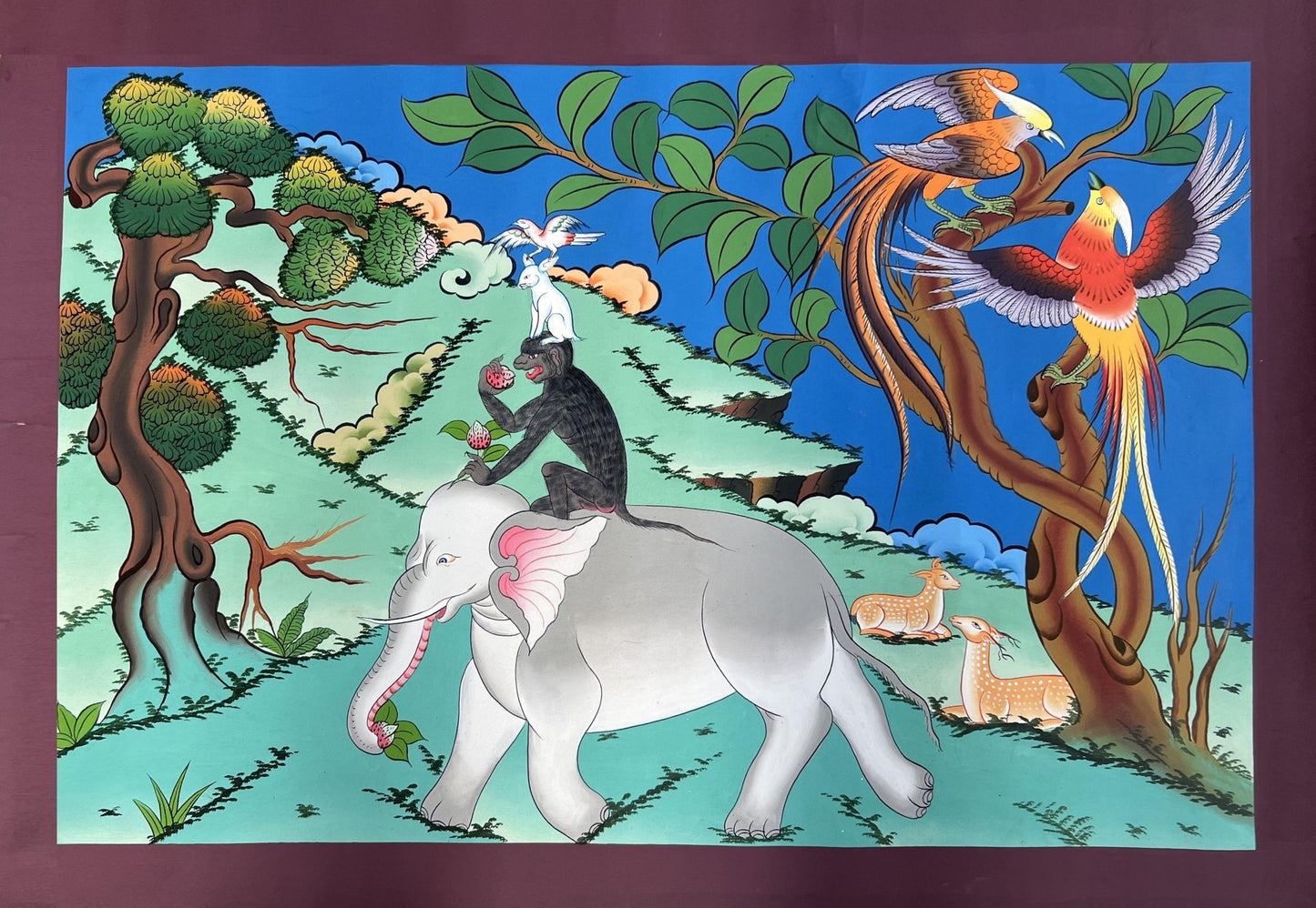 Hand - Painted Tibetan Thangka Painting - Four Harmonious Friends for Good Luck and Family Harmony - Large Wall Art Decor, Masterpiece Art - Tibetan Thangka Art