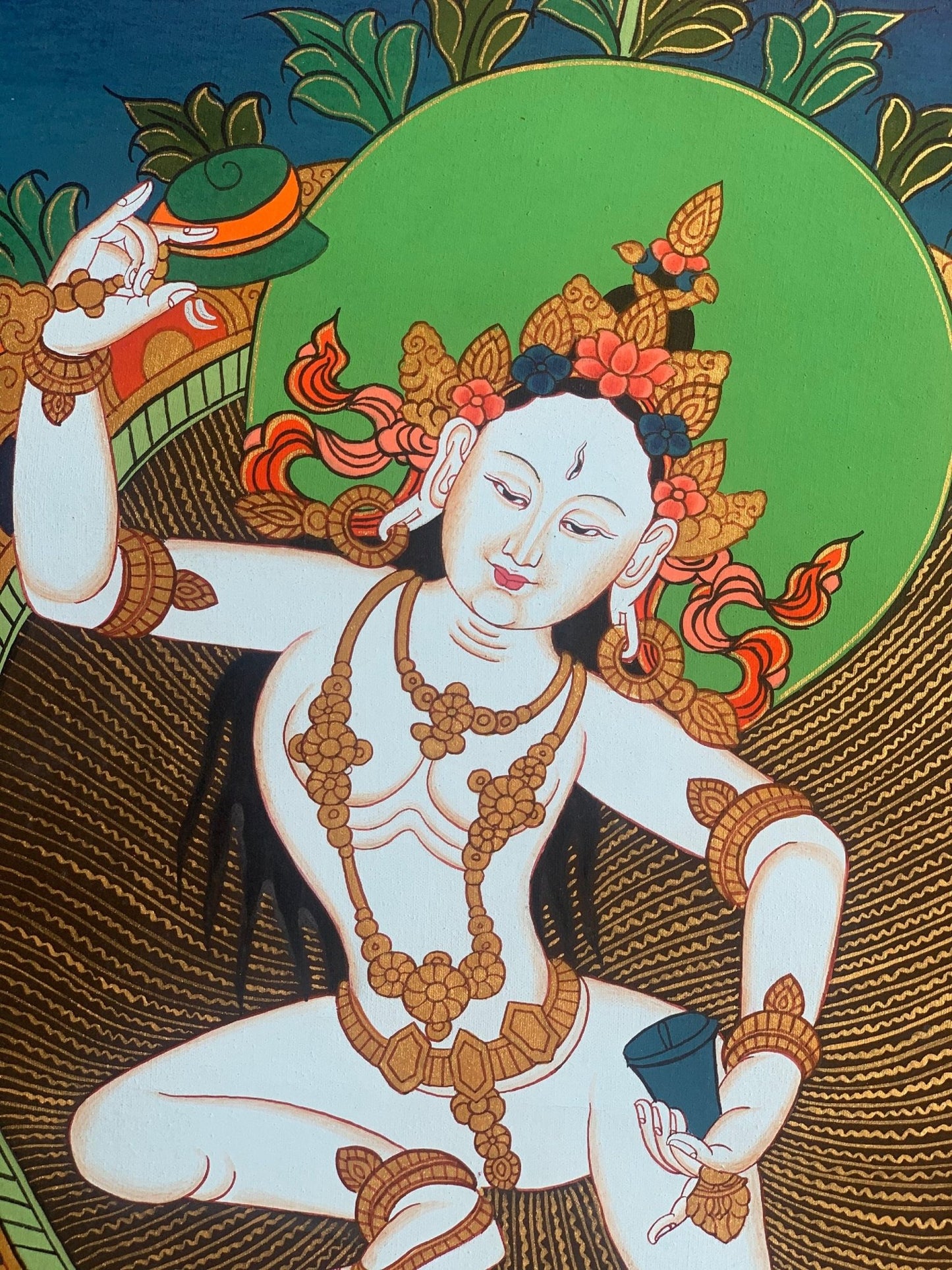 Hand - Painted Tibetan Yogini Thangka - Machig Labdron/Ahdron Chodron Art - Premium Silk Brocade Wall Hanging - Buddhist Decor for Home - Tibetan Thangka Art