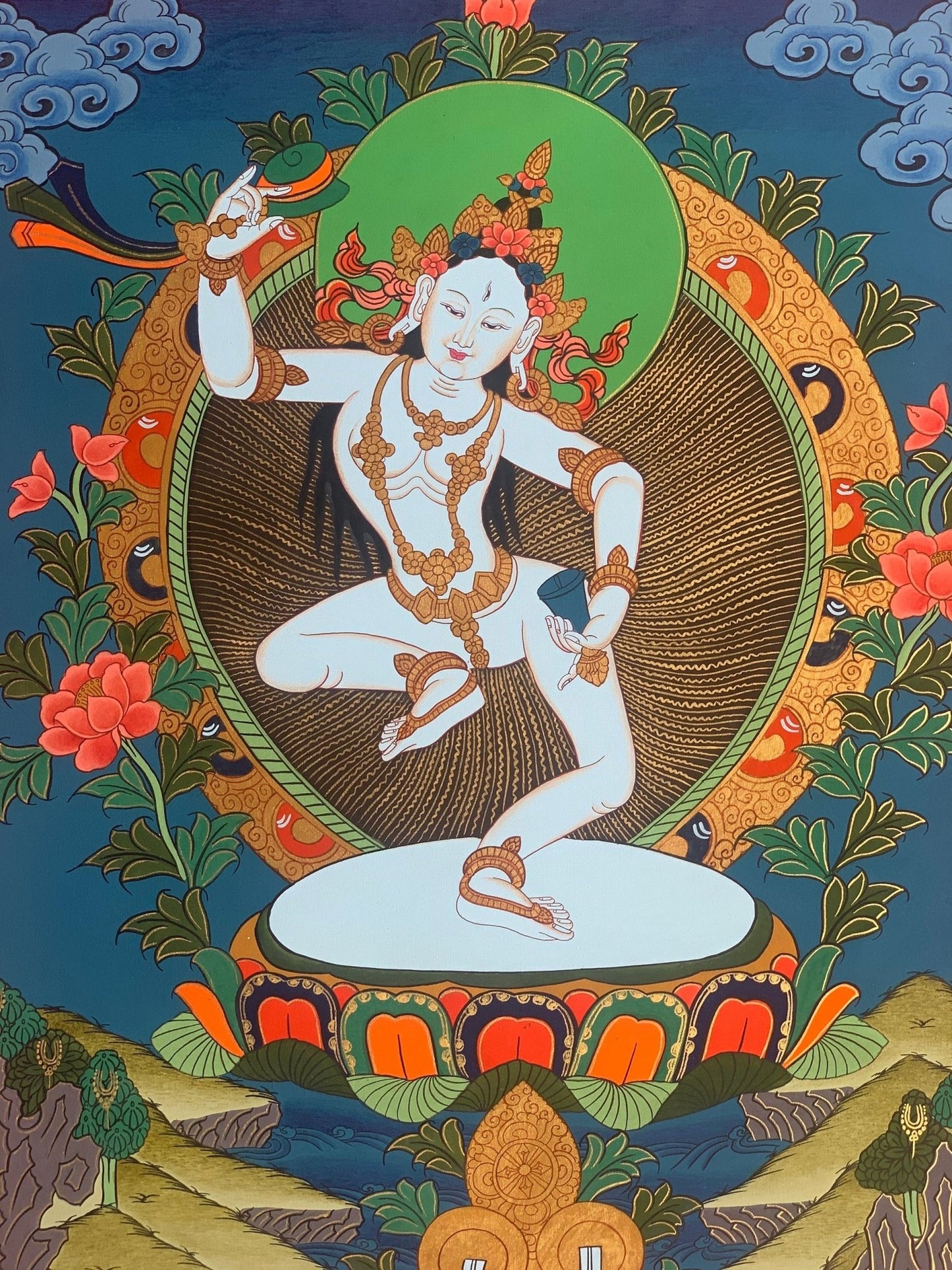 Hand - Painted Tibetan Yogini Thangka - Machig Labdron/Ahdron Chodron Art - Premium Silk Brocade Wall Hanging - Buddhist Decor for Home - Tibetan Thangka Art
