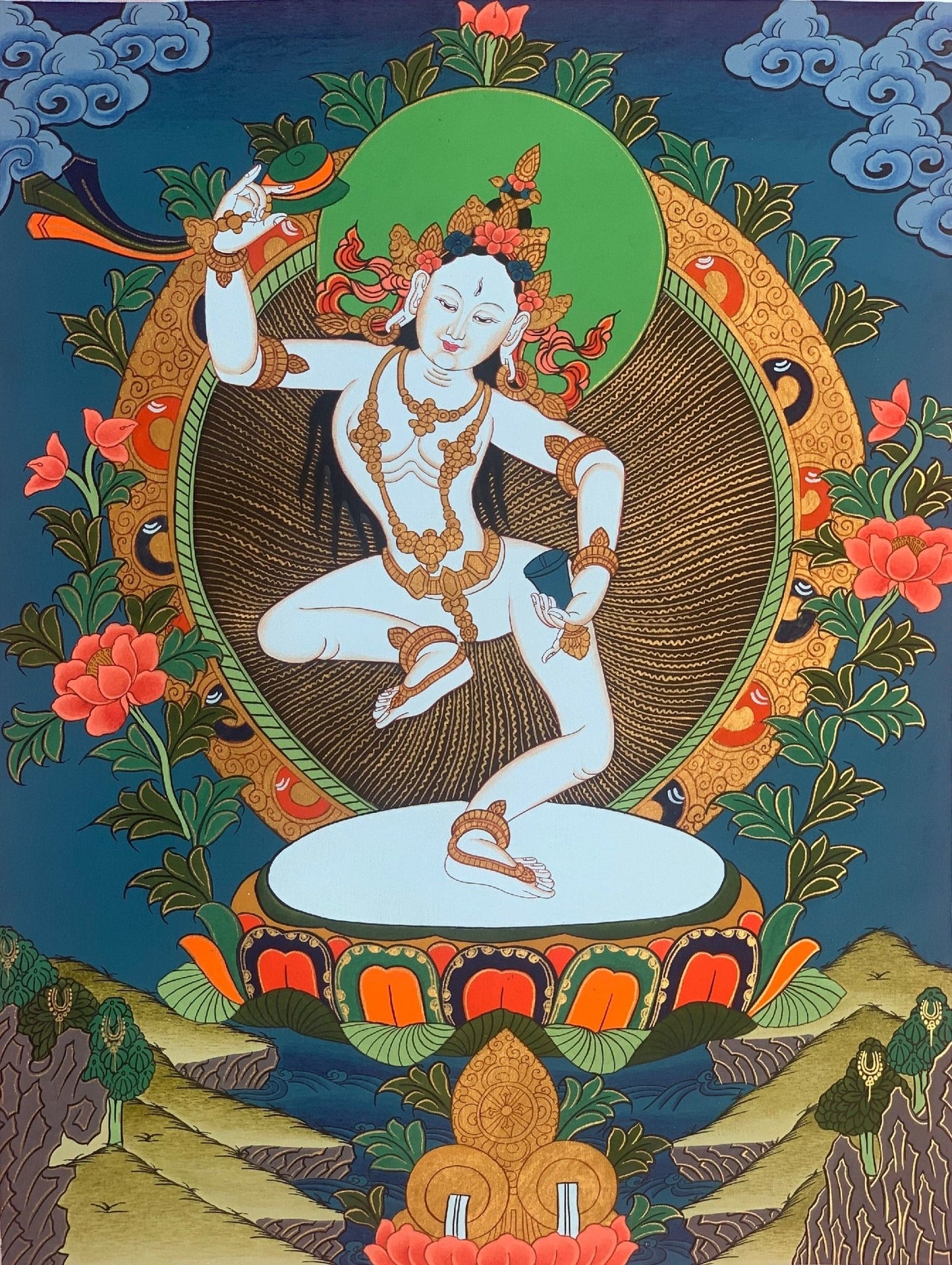 Hand - Painted Tibetan Yogini Thangka - Machig Labdron/Ahdron Chodron Art - Premium Silk Brocade Wall Hanging - Buddhist Decor for Home - Tibetan Thangka Art