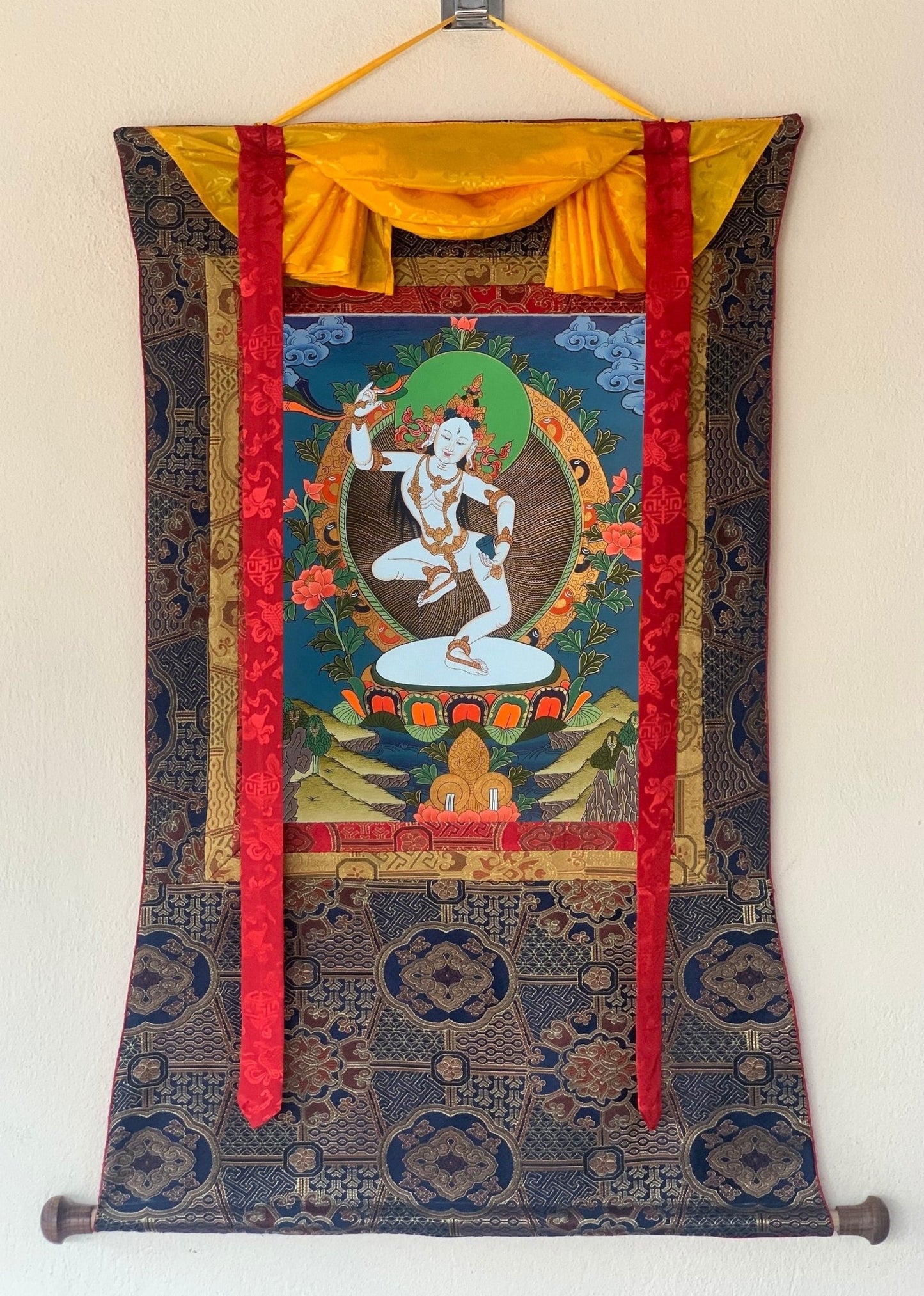 Hand - Painted Tibetan Yogini Thangka - Machig Labdron/Ahdron Chodron Art - Premium Silk Brocade Wall Hanging - Buddhist Decor for Home - Tibetan Thangka Art