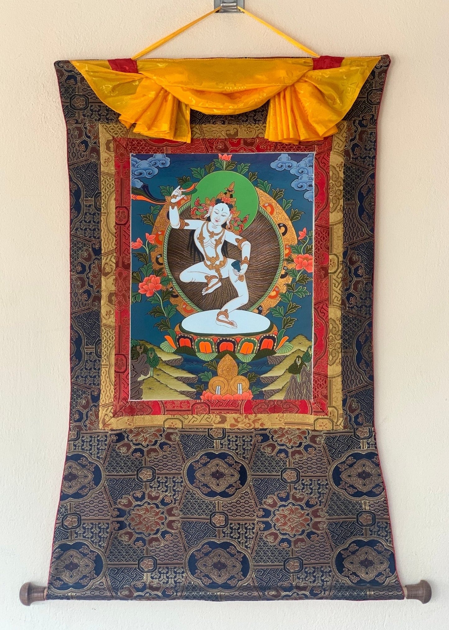 Hand - Painted Tibetan Yogini Thangka - Machig Labdron/Ahdron Chodron Art - Premium Silk Brocade Wall Hanging - Buddhist Decor for Home - Tibetan Thangka Art