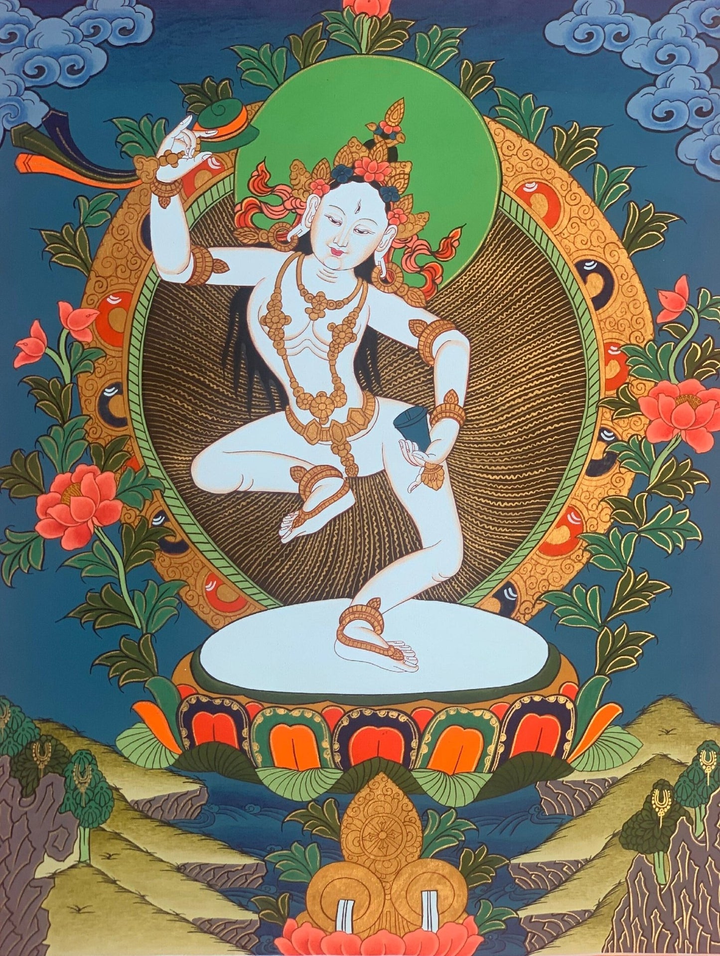 Hand - Painted Tibetan Yogini Thangka - Machig Labdron/Ahdron Chodron Art - Premium Silk Brocade Wall Hanging - Buddhist Decor for Home - Tibetan Thangka Art