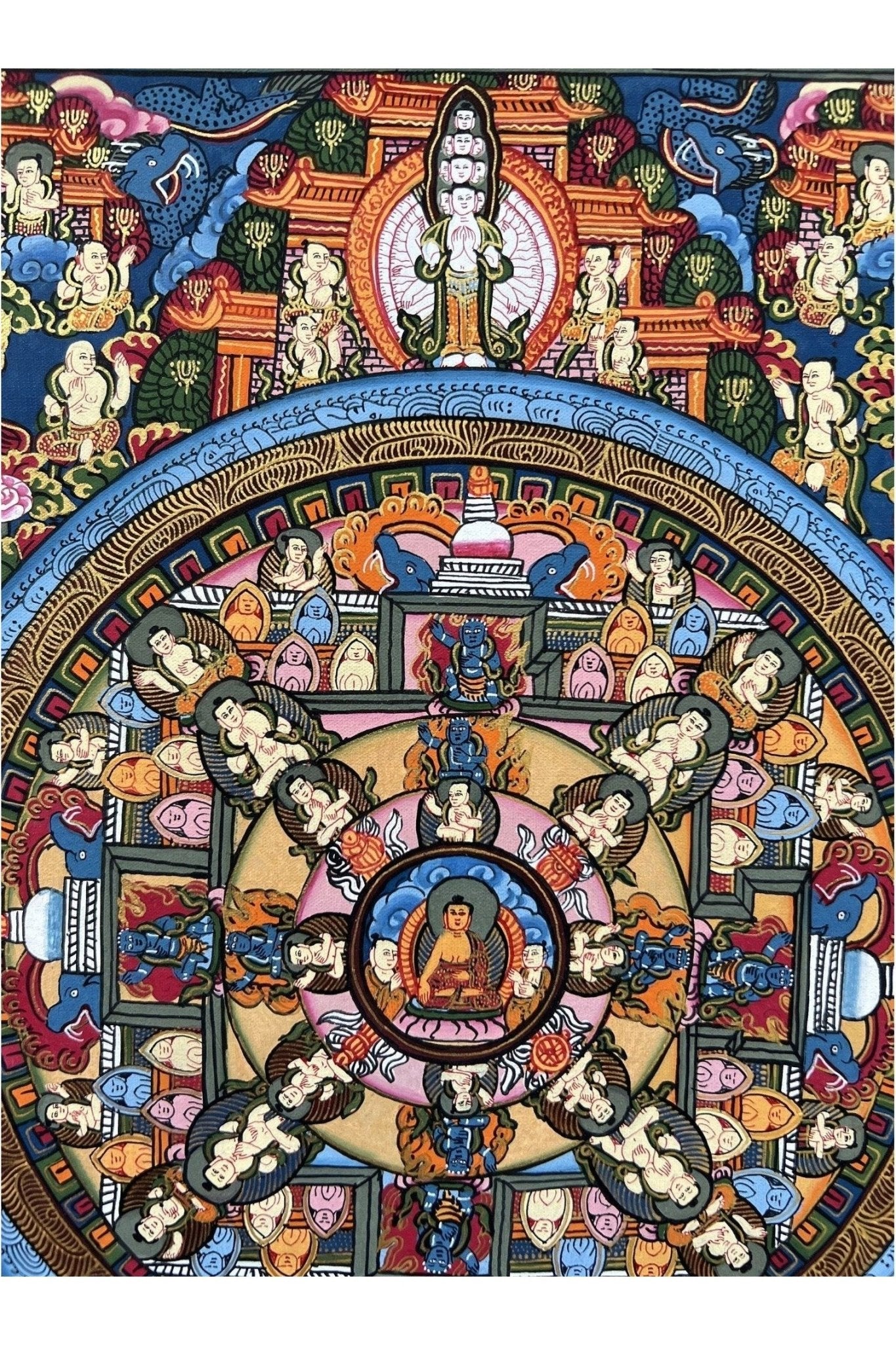 Hand - Painted Wheel of Life/ Buddha Life Bhavachakra Mandala Tibetan Thangka Painting Original Art with High - Quality Silk Brocade - Tibetan Thangka Art