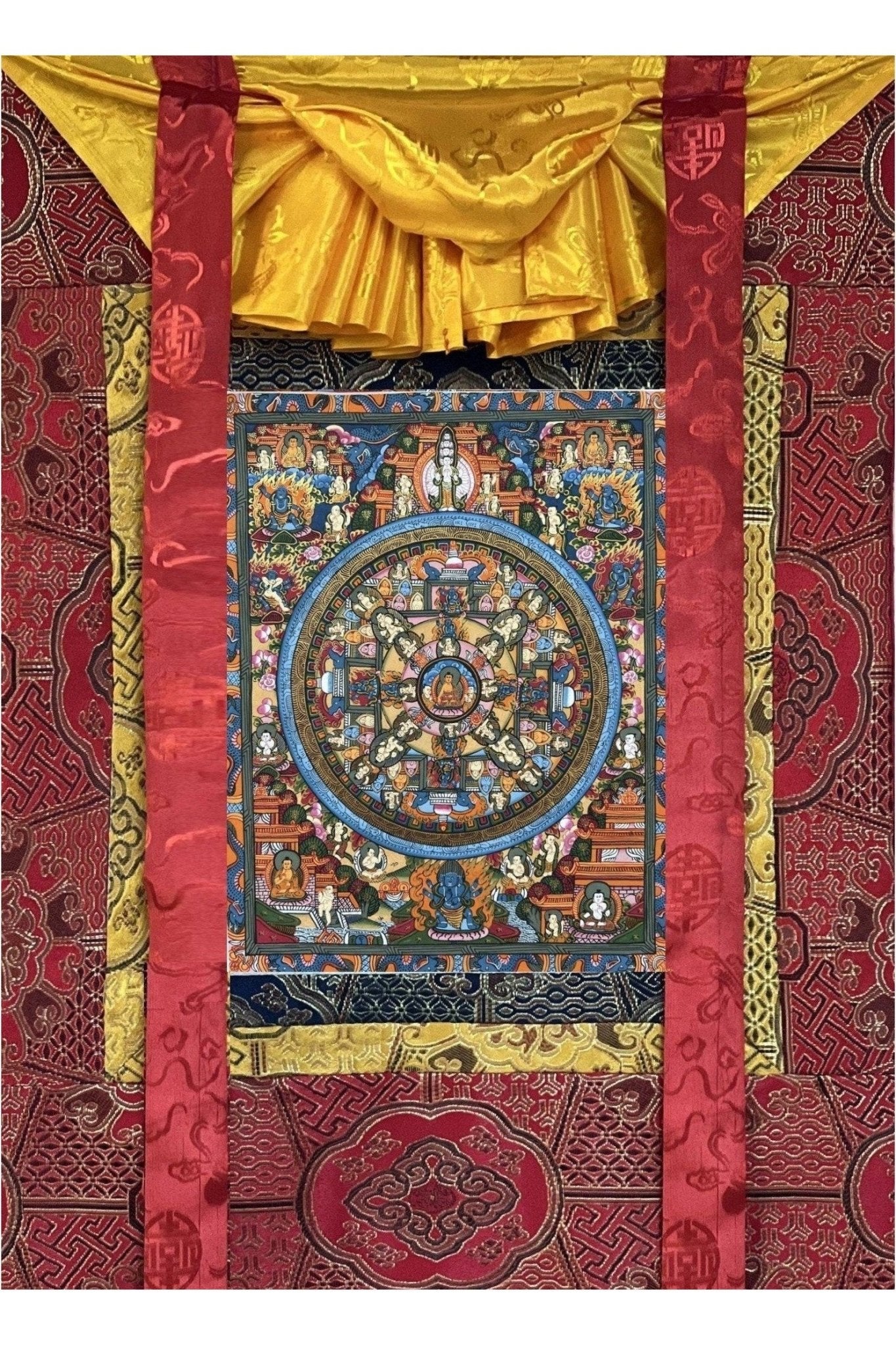 Hand - Painted Wheel of Life/ Buddha Life Bhavachakra Mandala Tibetan Thangka Painting Original Art with High - Quality Silk Brocade - Tibetan Thangka Art