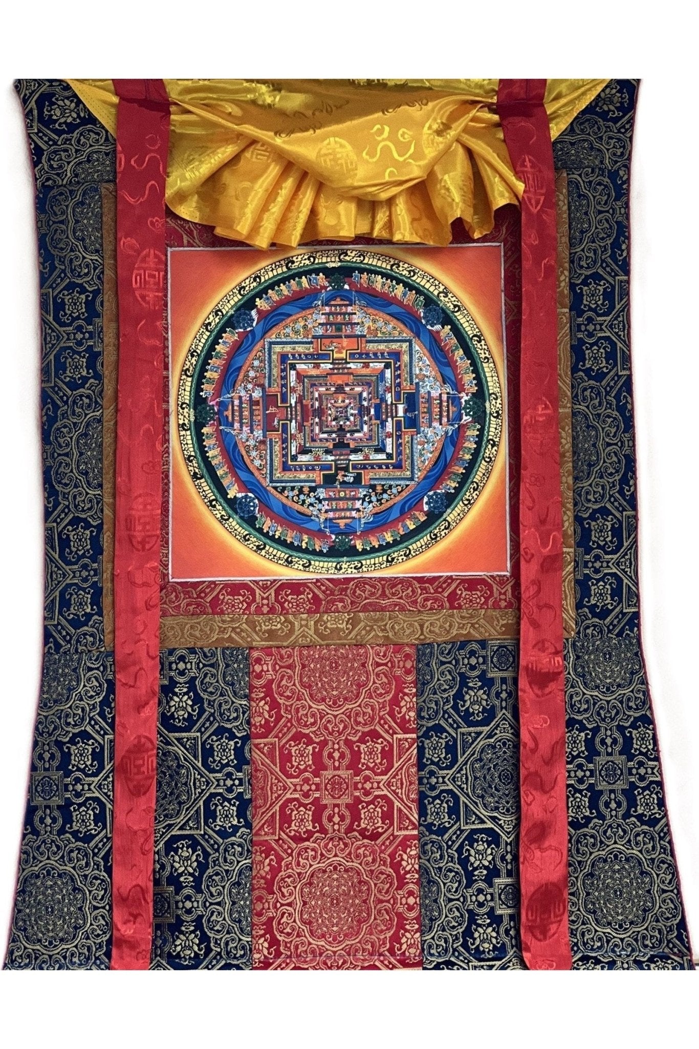 Hand Painted Wheel of Life, Kalachakra Mandala, Thangka Painting, Original Art with Silk Brocade - Tibetan Thangka Art
