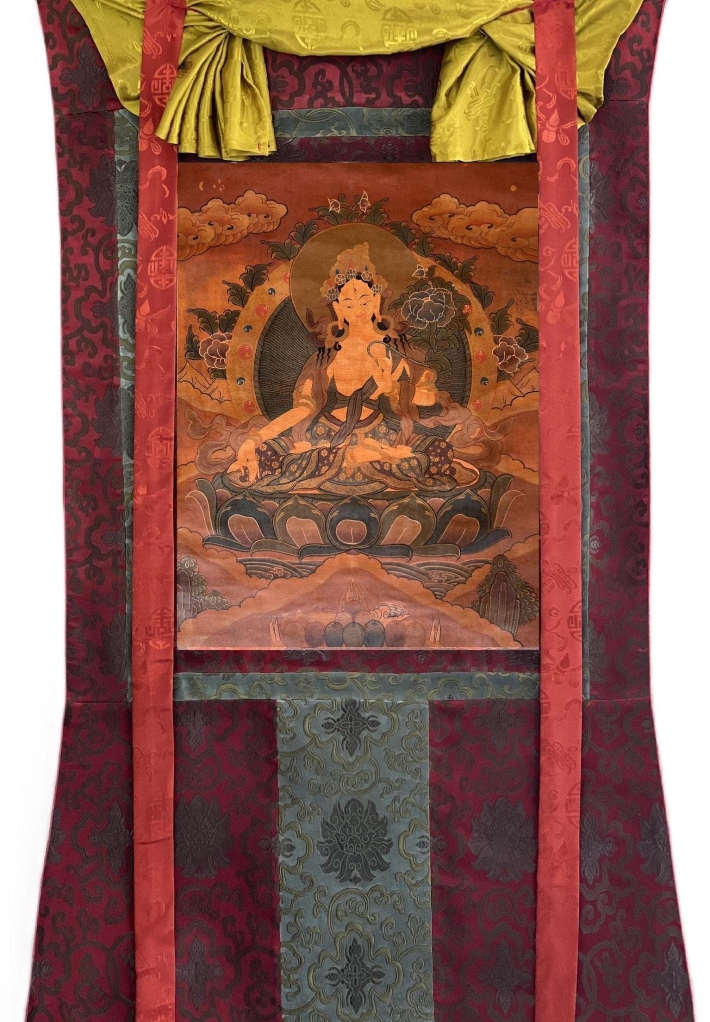 Hand - Painted White Tara Thangka - Old Tibetan Oil Painting of Mother Goddess - Compassion Meditation Art Mounted with Silk Brocade - Tibetan Thangka Art