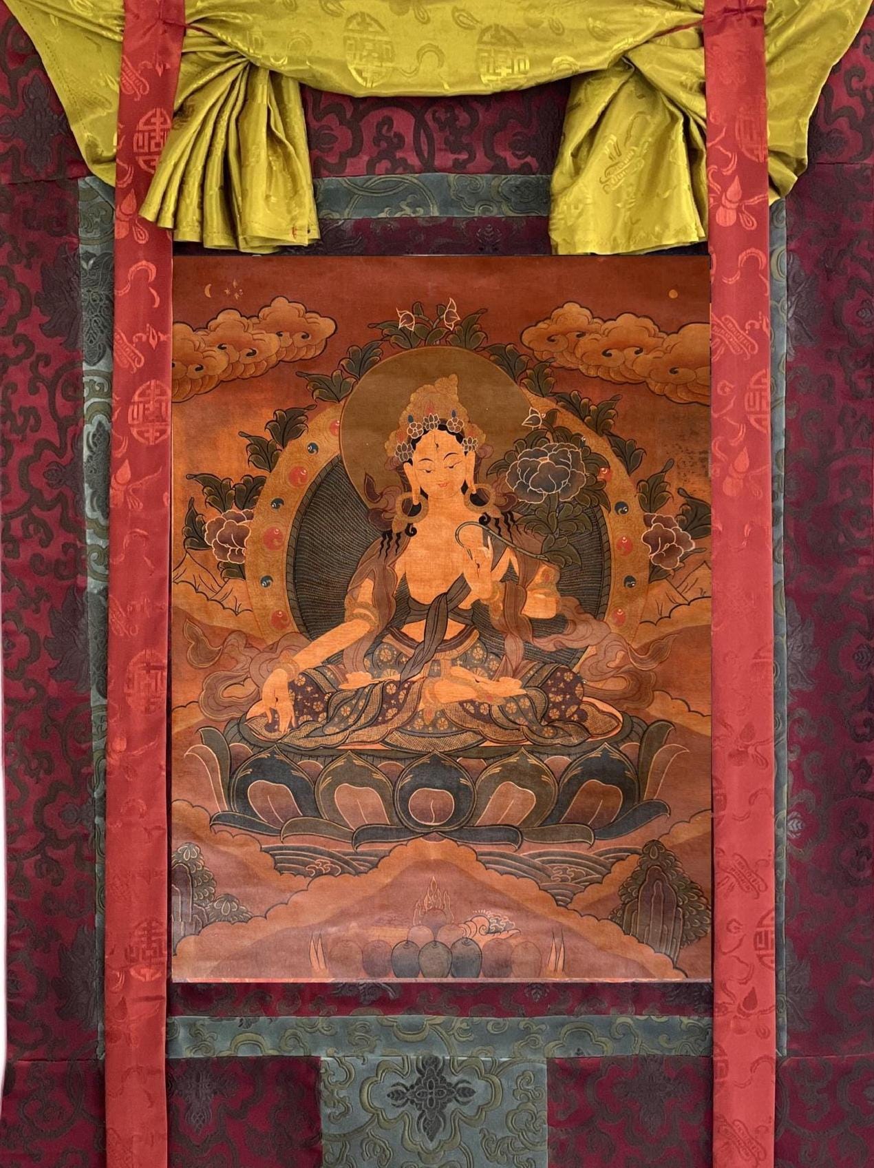 Hand - Painted White Tara Thangka - Old Tibetan Oil Painting of Mother Goddess - Compassion Meditation Art Mounted with Silk Brocade - Tibetan Thangka Art