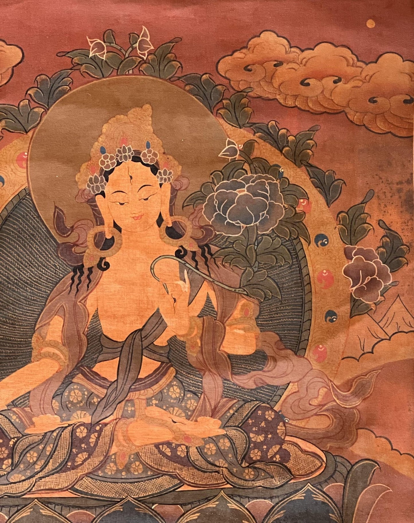 Hand - Painted White Tara Thangka - Old Tibetan Oil Painting of Mother Goddess - Compassion Meditation Art Mounted with Silk Brocade - Tibetan Thangka Art