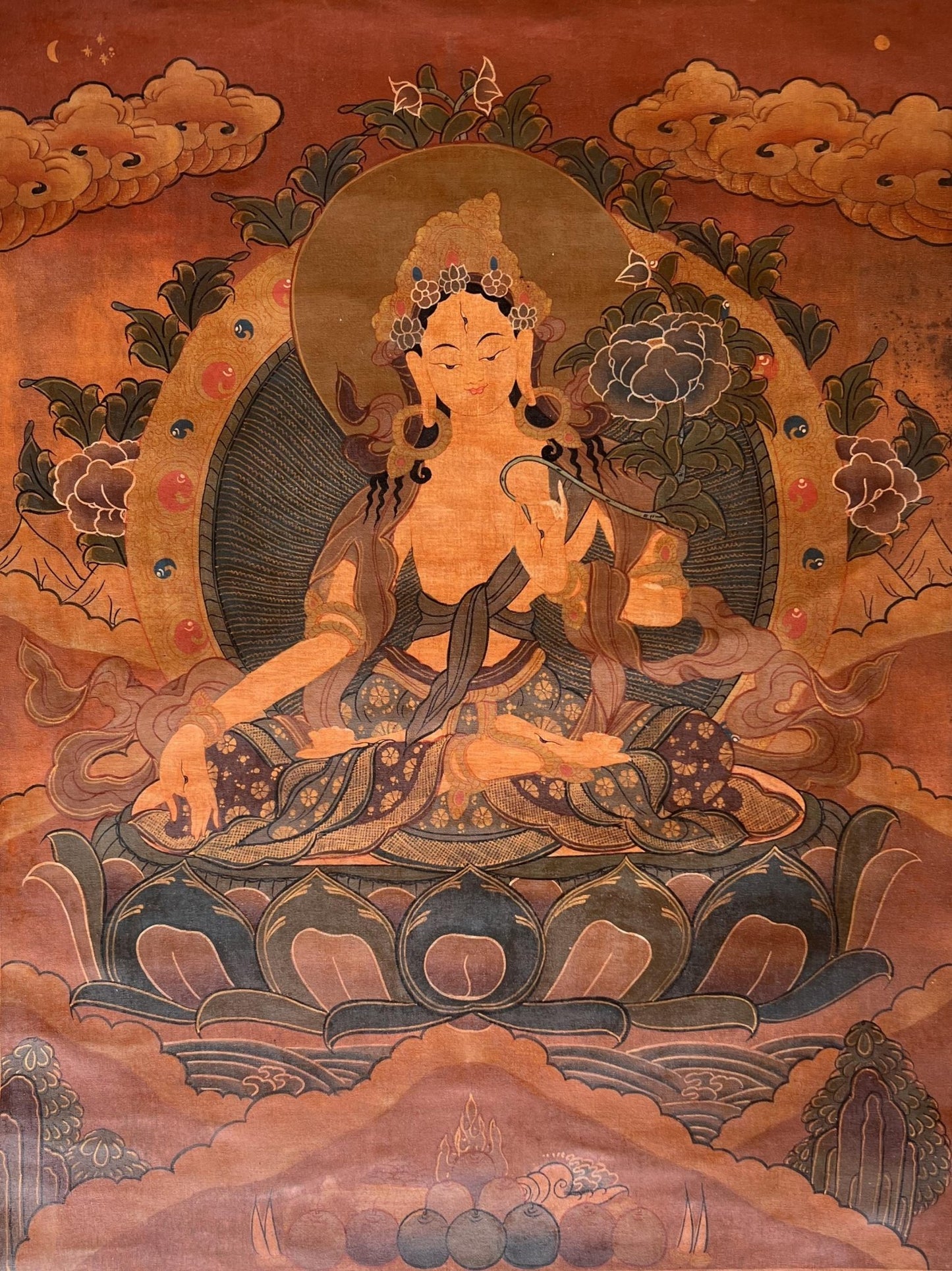 Hand - Painted White Tara Thangka - Old Tibetan Oil Painting of Mother Goddess - Compassion Meditation Art Mounted with Silk Brocade - Tibetan Thangka Art