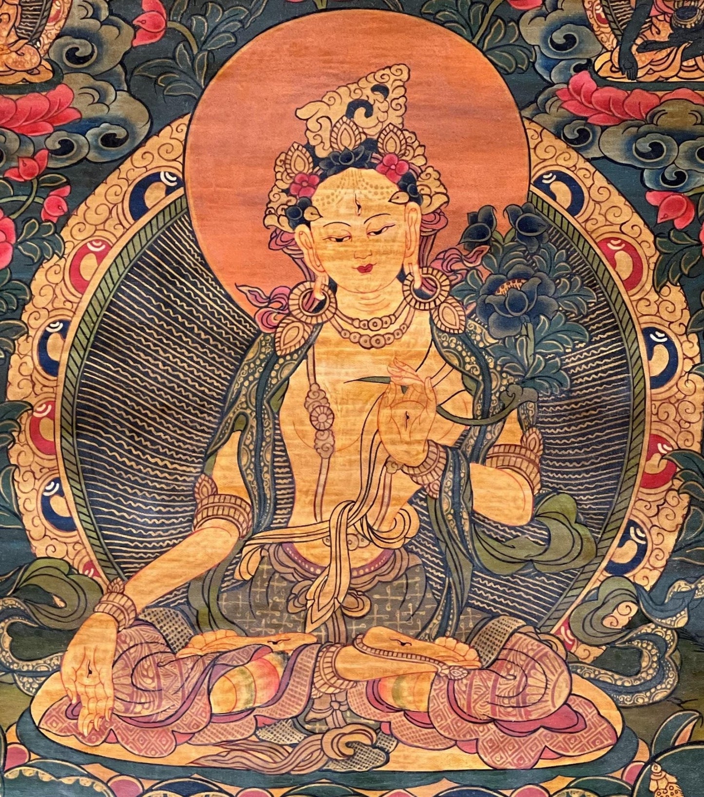 Hand - Painted White Tara Thangka - Semi - Antique Gold and Silver Tibetan Art for Compassion & Meditation - Silk Brocade Mounted - Tibetan Thangka Art