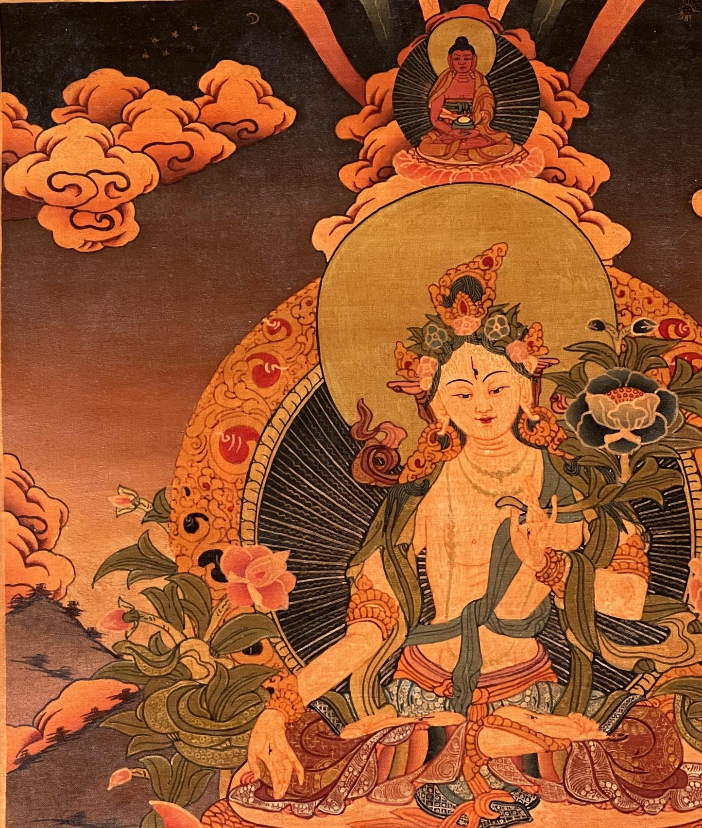 Hand - Painted White Tara Thangka - Semi - Antique Gold and Silver Tibetan Art for Compassion & Meditation - Silk Brocade Mounted - Tibetan Thangka Art