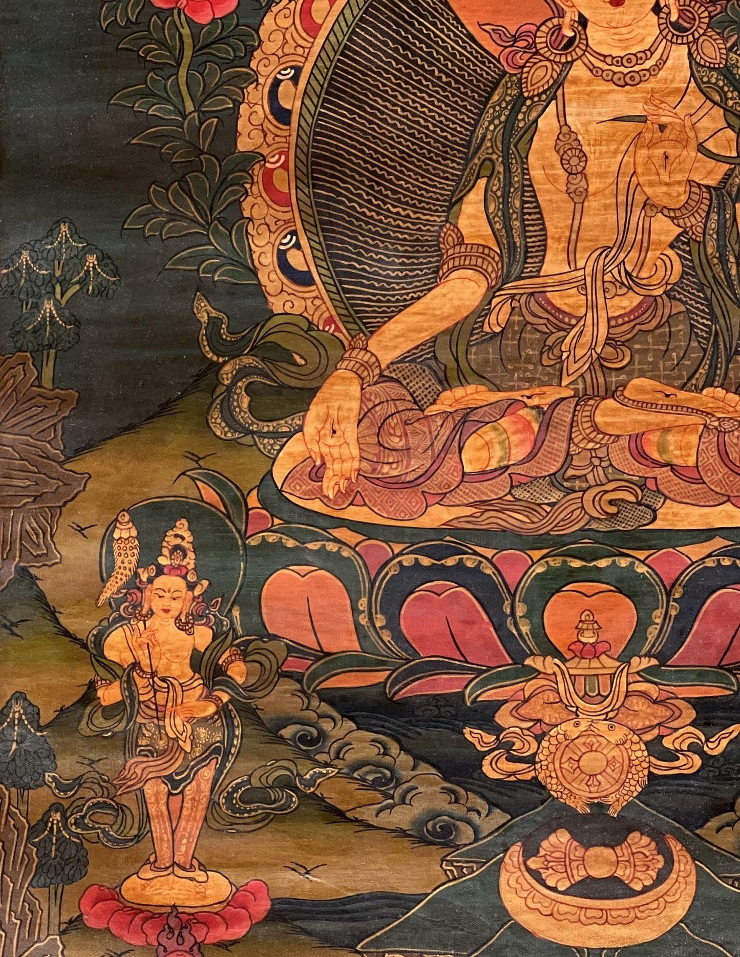 Hand - Painted White Tara Thangka - Semi - Antique Gold and Silver Tibetan Art for Compassion & Meditation - Silk Brocade Mounted - Tibetan Thangka Art