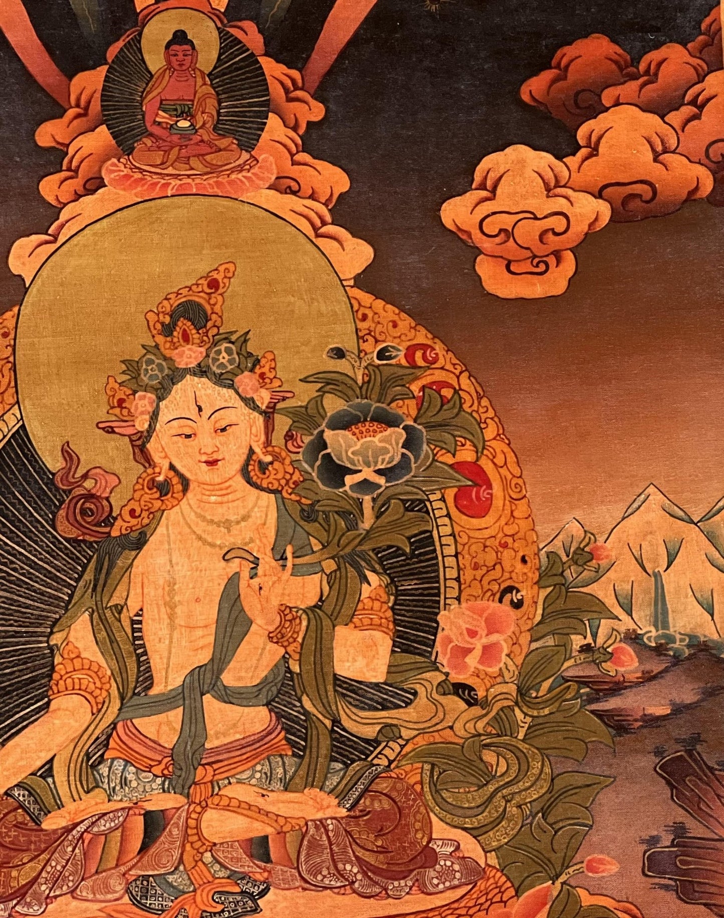 Hand - Painted White Tara Thangka - Semi - Antique Gold and Silver Tibetan Art for Compassion & Meditation - Silk Brocade Mounted - Tibetan Thangka Art