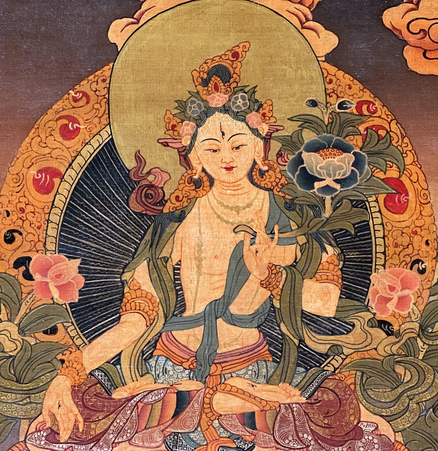 Hand - Painted White Tara Thangka - Semi - Antique Gold and Silver Tibetan Art for Compassion & Meditation - Silk Brocade Mounted - Tibetan Thangka Art