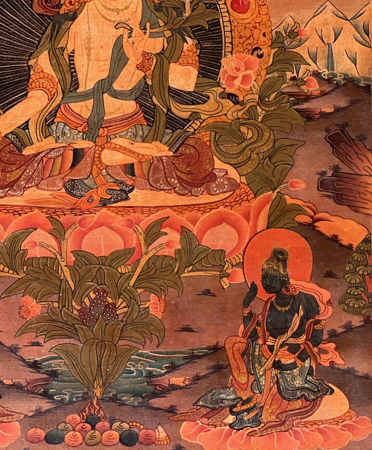 Hand - Painted White Tara Thangka - Semi - Antique Gold and Silver Tibetan Art for Compassion & Meditation - Silk Brocade Mounted - Tibetan Thangka Art