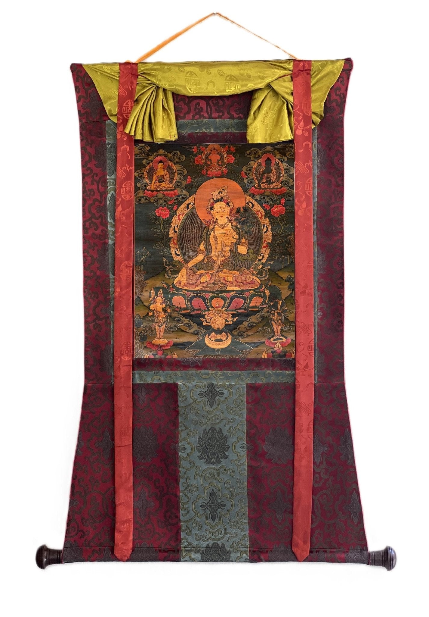 Hand - Painted White Tara Thangka - Semi - Antique Gold and Silver Tibetan Art for Compassion & Meditation - Silk Brocade Mounted - Tibetan Thangka Art