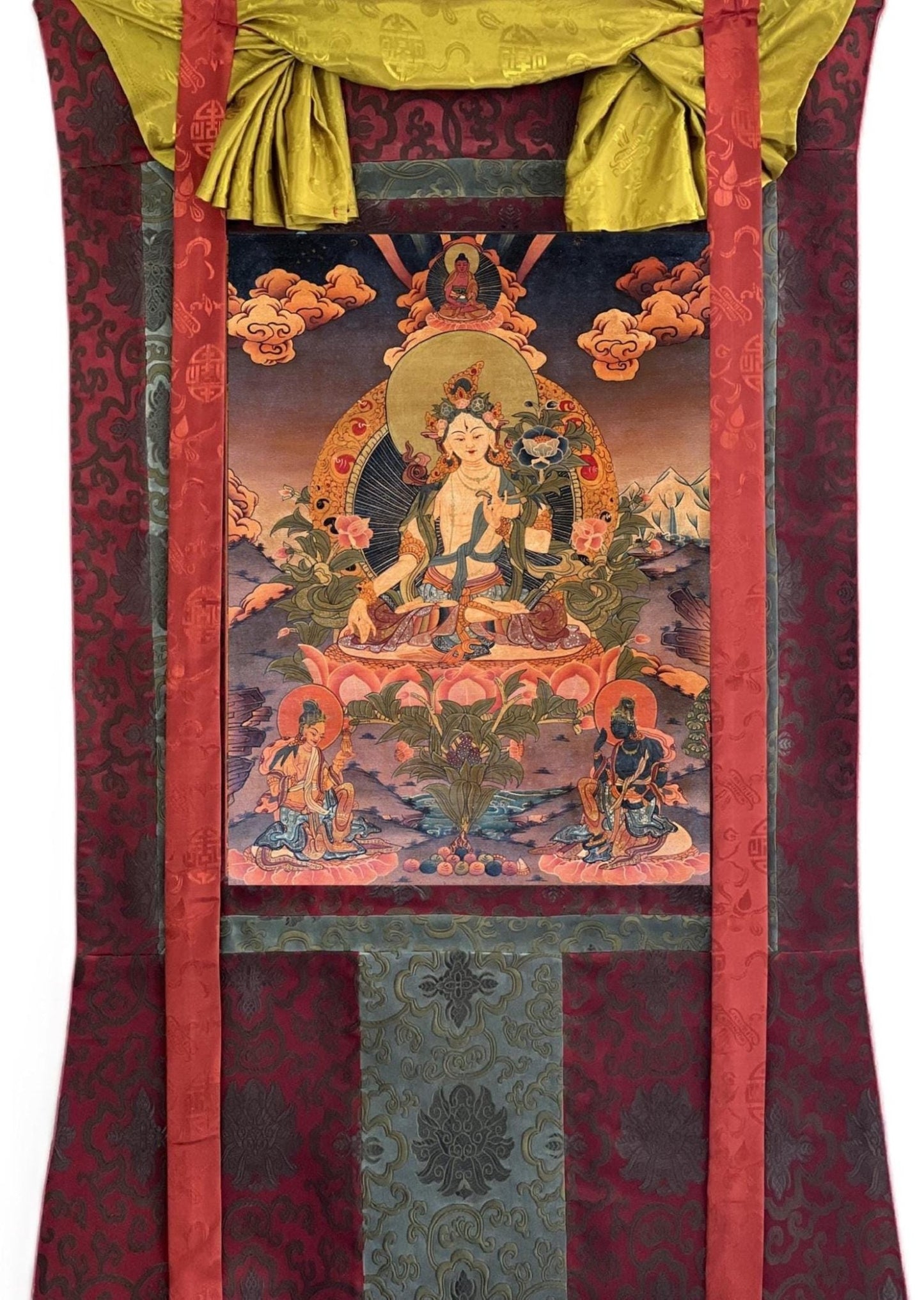 Hand - Painted White Tara Thangka - Semi - Antique Gold and Silver Tibetan Art for Compassion & Meditation - Silk Brocade Mounted - Tibetan Thangka Art