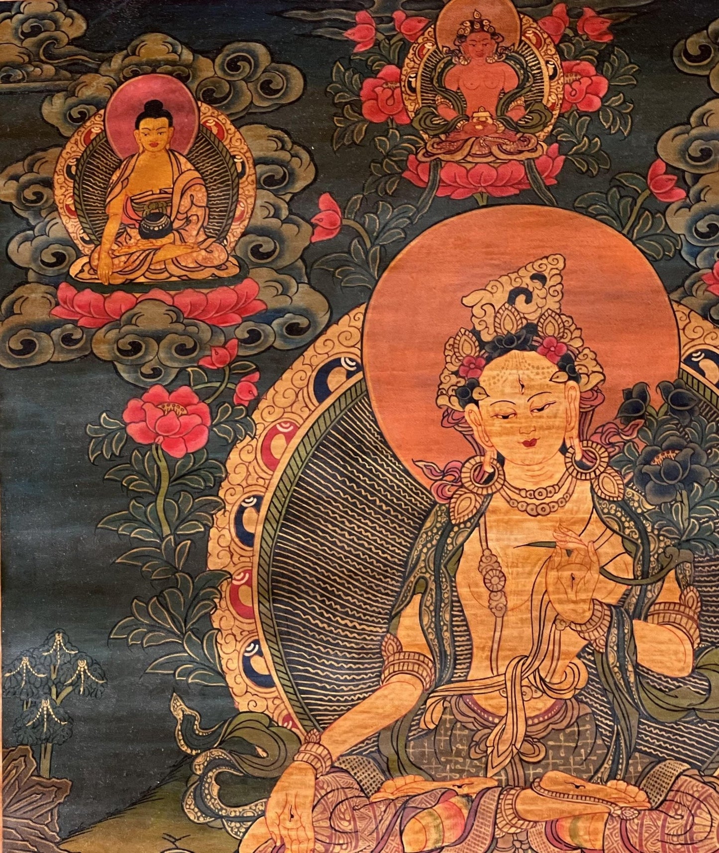 Hand - Painted White Tara Thangka - Semi - Antique Gold and Silver Tibetan Art for Compassion & Meditation - Silk Brocade Mounted - Tibetan Thangka Art