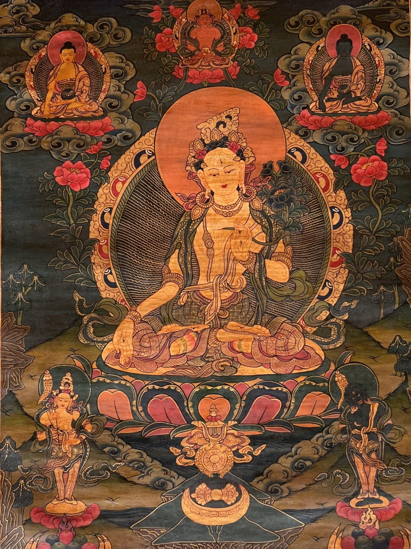 Hand - Painted White Tara Thangka - Semi - Antique Gold and Silver Tibetan Art for Compassion & Meditation - Silk Brocade Mounted - Tibetan Thangka Art