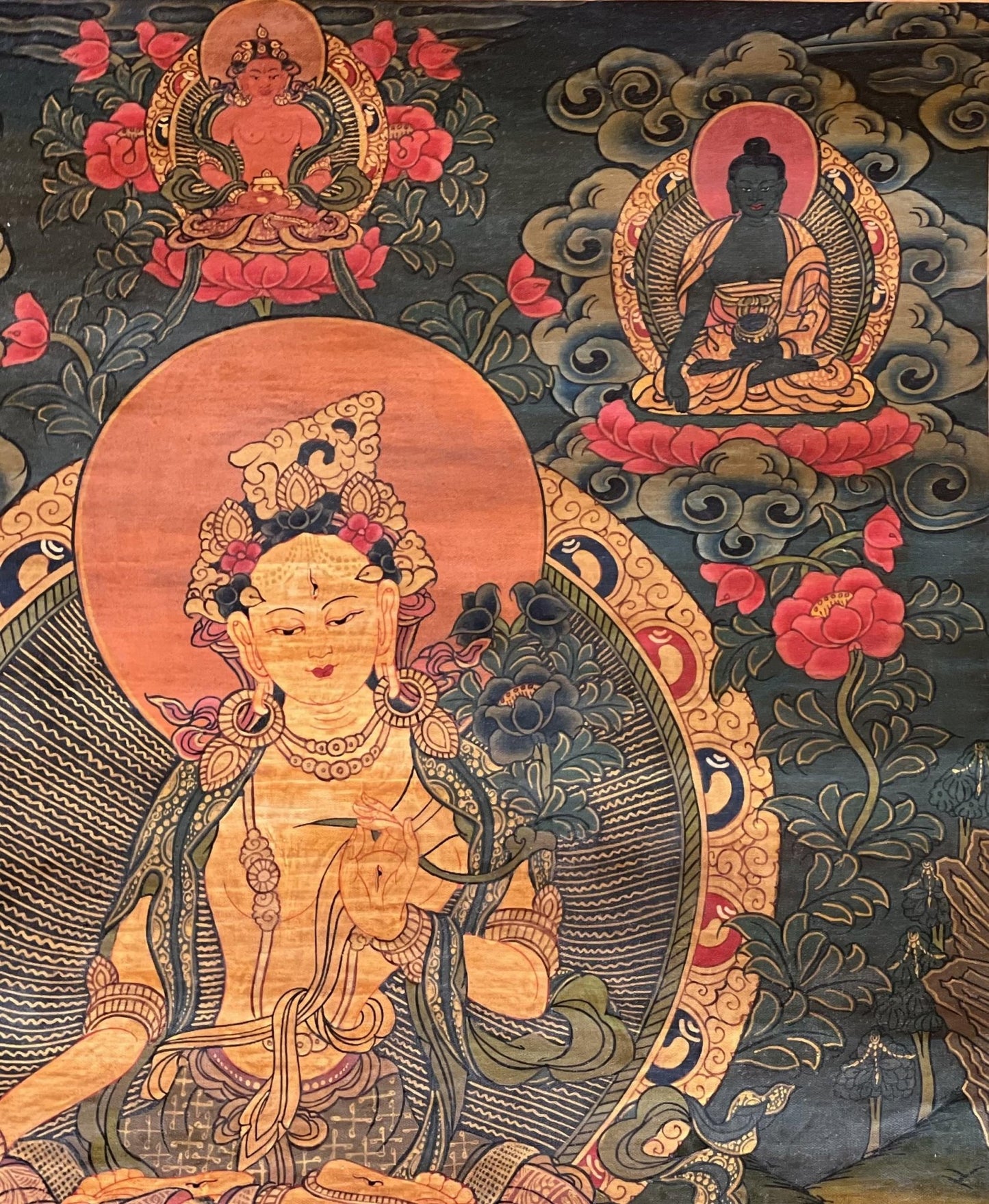Hand - Painted White Tara Thangka - Semi - Antique Gold and Silver Tibetan Art for Compassion & Meditation - Silk Brocade Mounted - Tibetan Thangka Art
