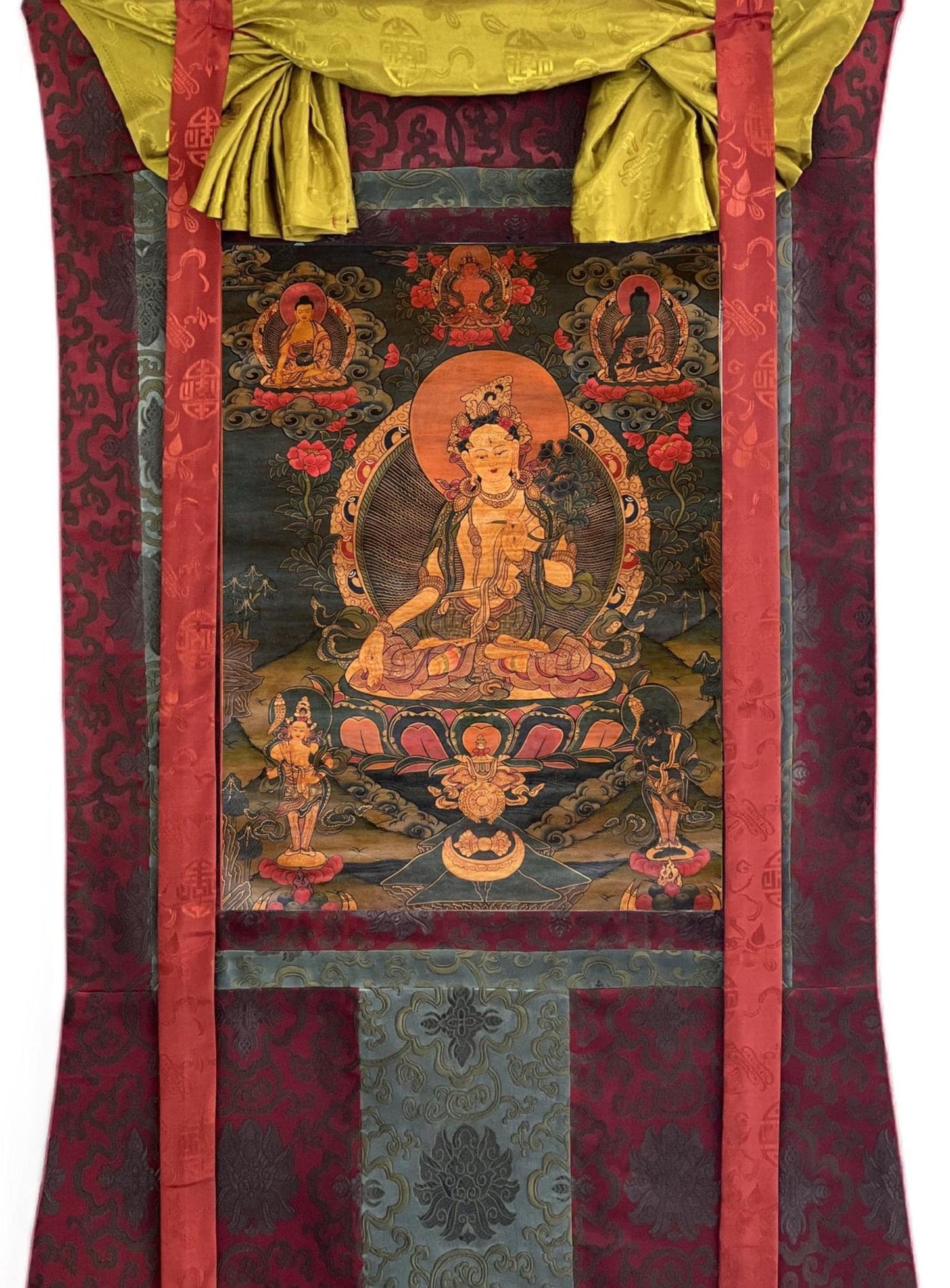 Hand - Painted White Tara Thangka - Semi - Antique Gold and Silver Tibetan Art for Compassion & Meditation - Silk Brocade Mounted - Tibetan Thangka Art