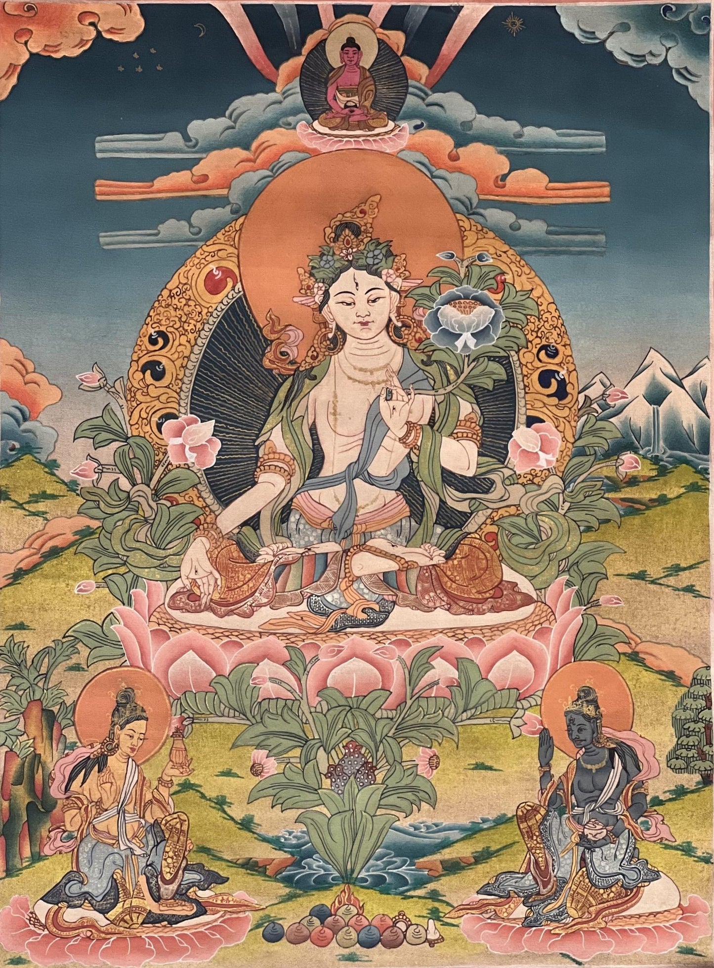 Hand - Painted White Tara Thangka | Semi - Antique Gold Tibetan Painting | Mother Goddess Art | Compassion Meditation Decor | Silk Mounted - Tibetan Thangka Art