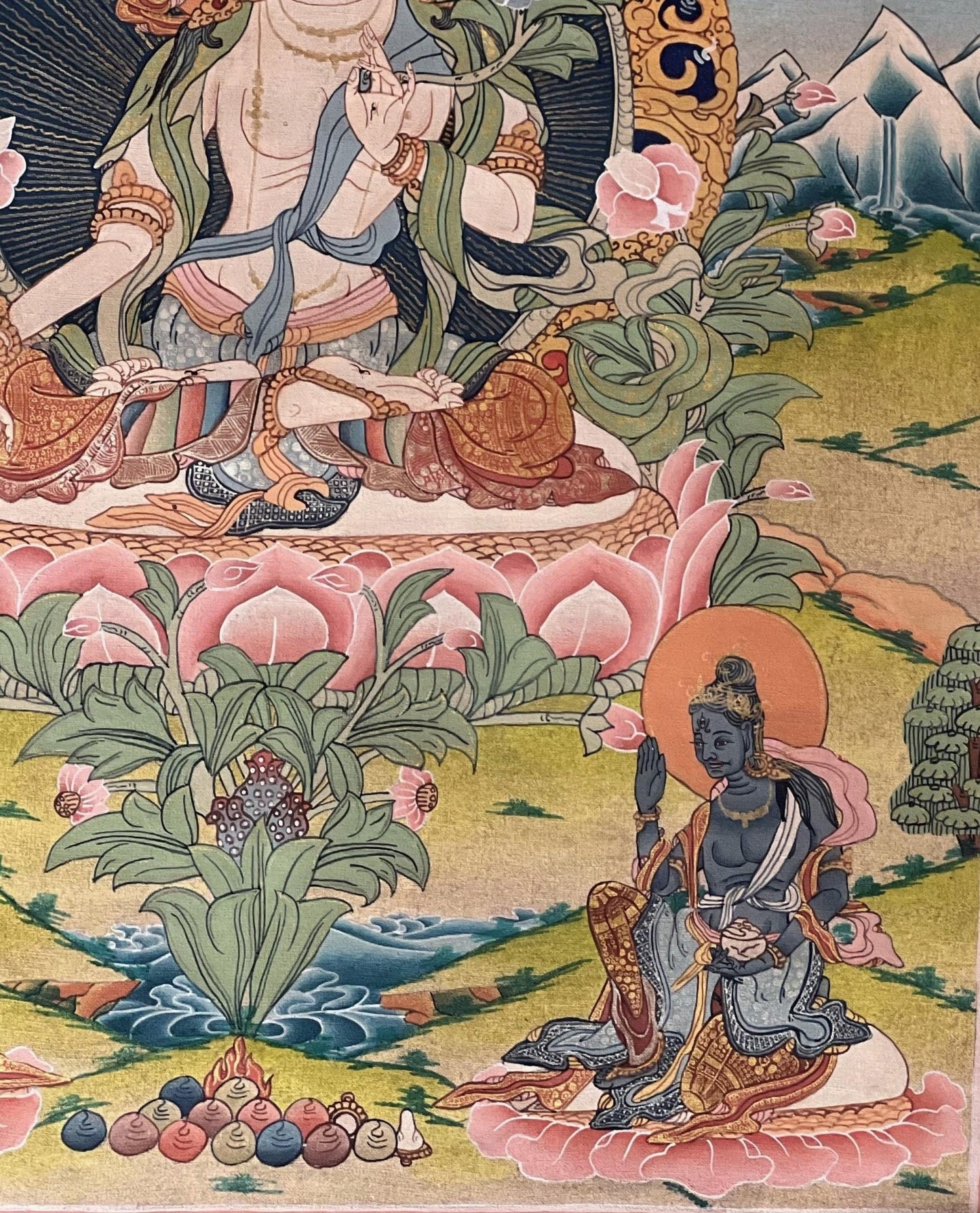 Hand - Painted White Tara Thangka | Semi - Antique Gold Tibetan Painting | Mother Goddess Art | Compassion Meditation Decor | Silk Mounted - Tibetan Thangka Art