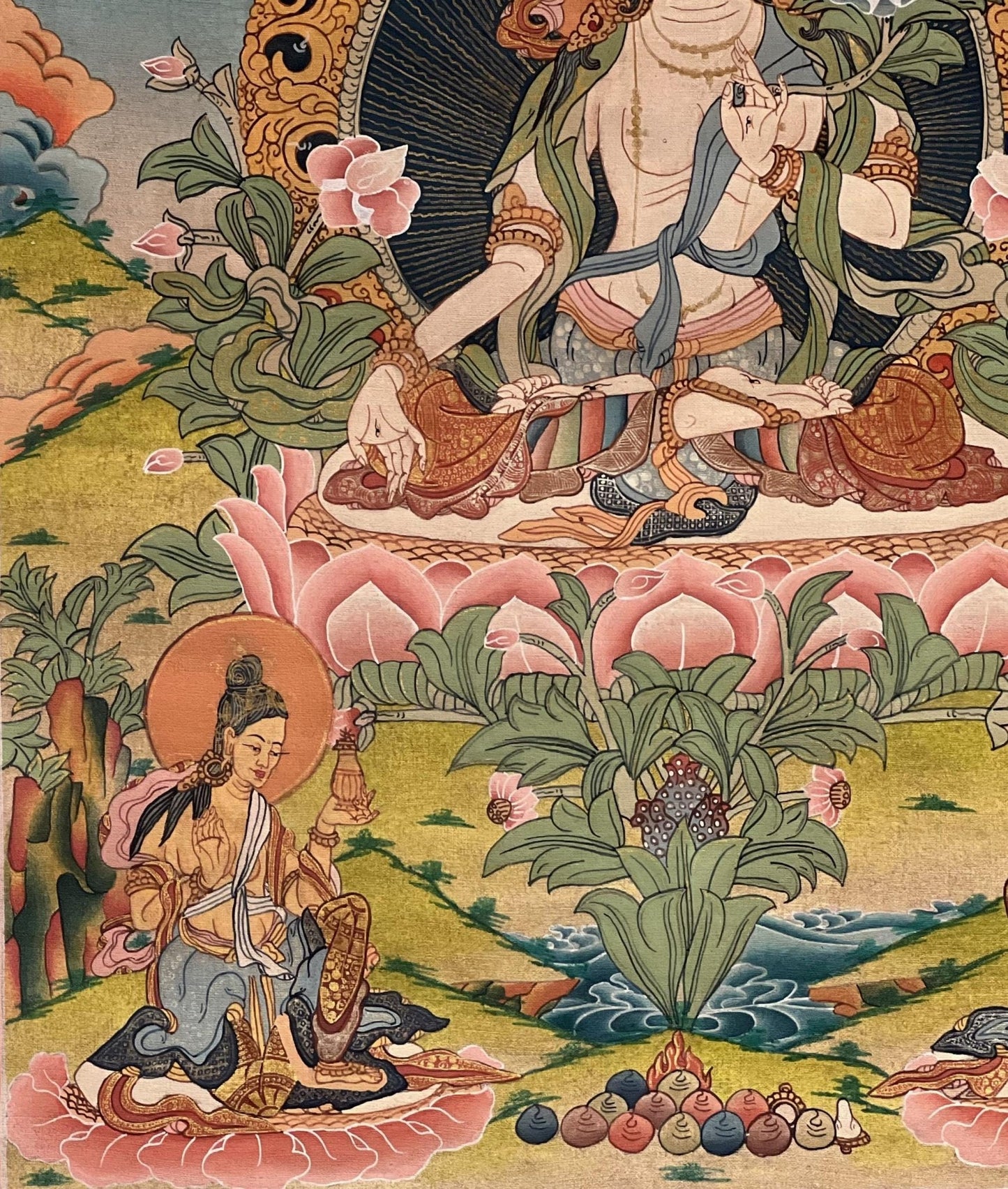Hand - Painted White Tara Thangka | Semi - Antique Gold Tibetan Painting | Mother Goddess Art | Compassion Meditation Decor | Silk Mounted - Tibetan Thangka Art