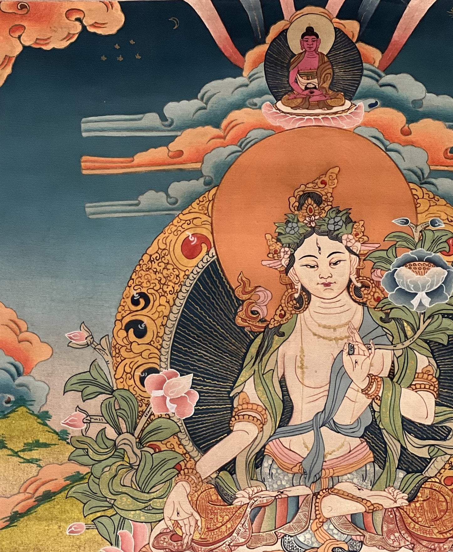 Hand - Painted White Tara Thangka | Semi - Antique Gold Tibetan Painting | Mother Goddess Art | Compassion Meditation Decor | Silk Mounted - Tibetan Thangka Art