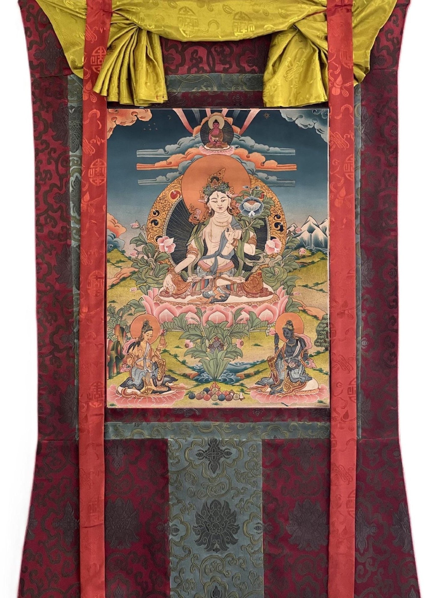 Hand - Painted White Tara Thangka | Semi - Antique Gold Tibetan Painting | Mother Goddess Art | Compassion Meditation Decor | Silk Mounted - Tibetan Thangka Art