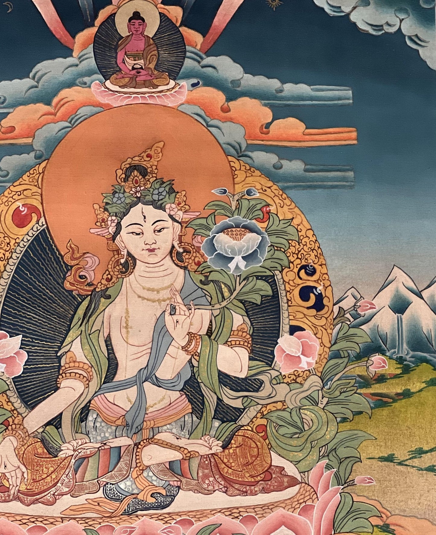 Hand - Painted White Tara Thangka | Semi - Antique Gold Tibetan Painting | Mother Goddess Art | Compassion Meditation Decor | Silk Mounted - Tibetan Thangka Art