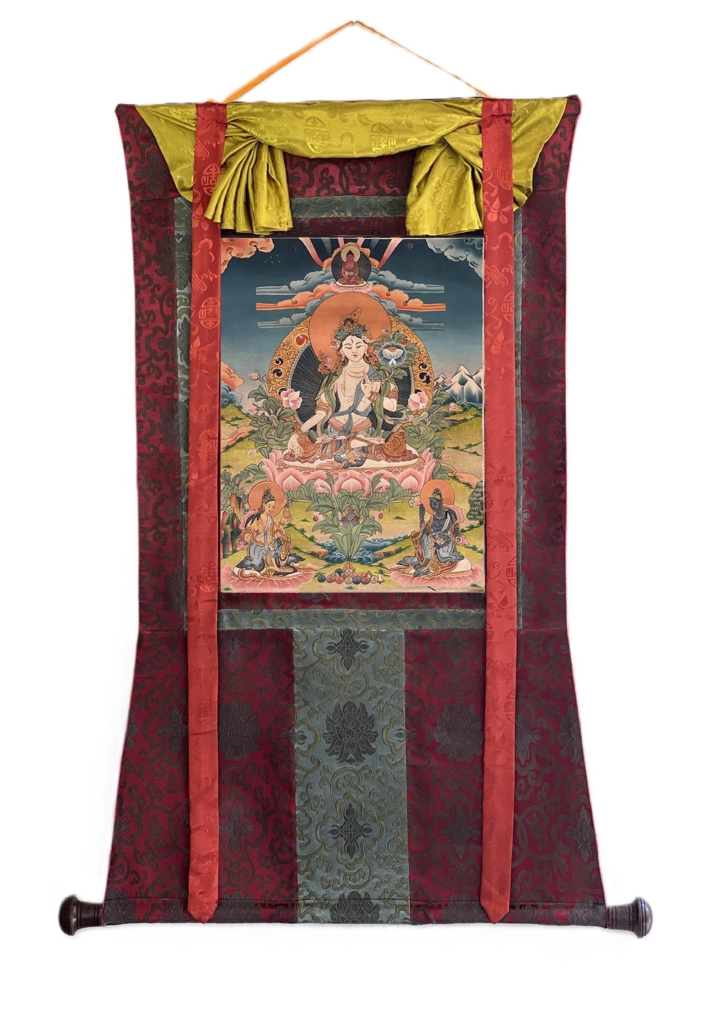 Hand - Painted White Tara Thangka | Semi - Antique Gold Tibetan Painting | Mother Goddess Art | Compassion Meditation Decor | Silk Mounted - Tibetan Thangka Art