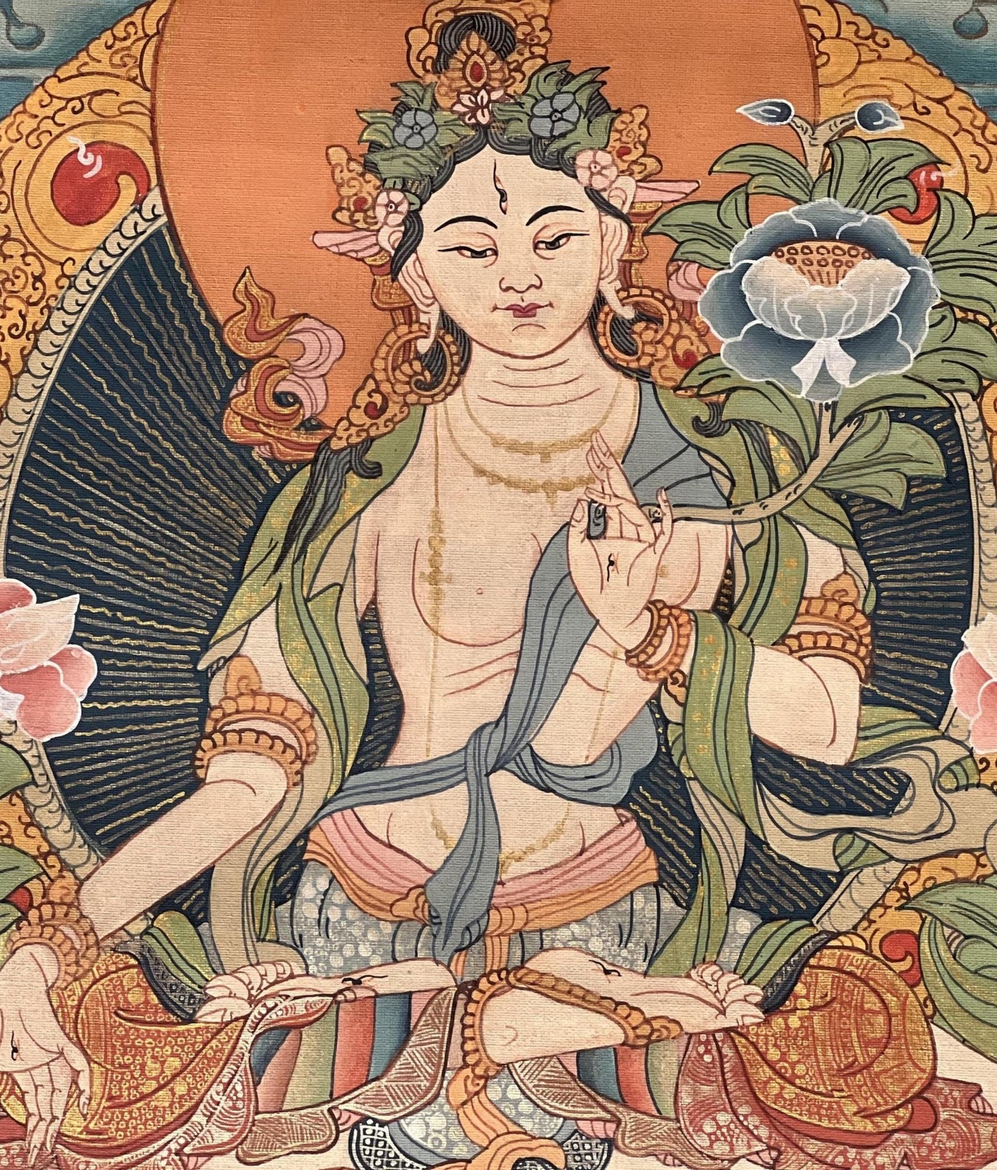 Hand - Painted White Tara Thangka | Semi - Antique Gold Tibetan Painting | Mother Goddess Art | Compassion Meditation Decor | Silk Mounted - Tibetan Thangka Art