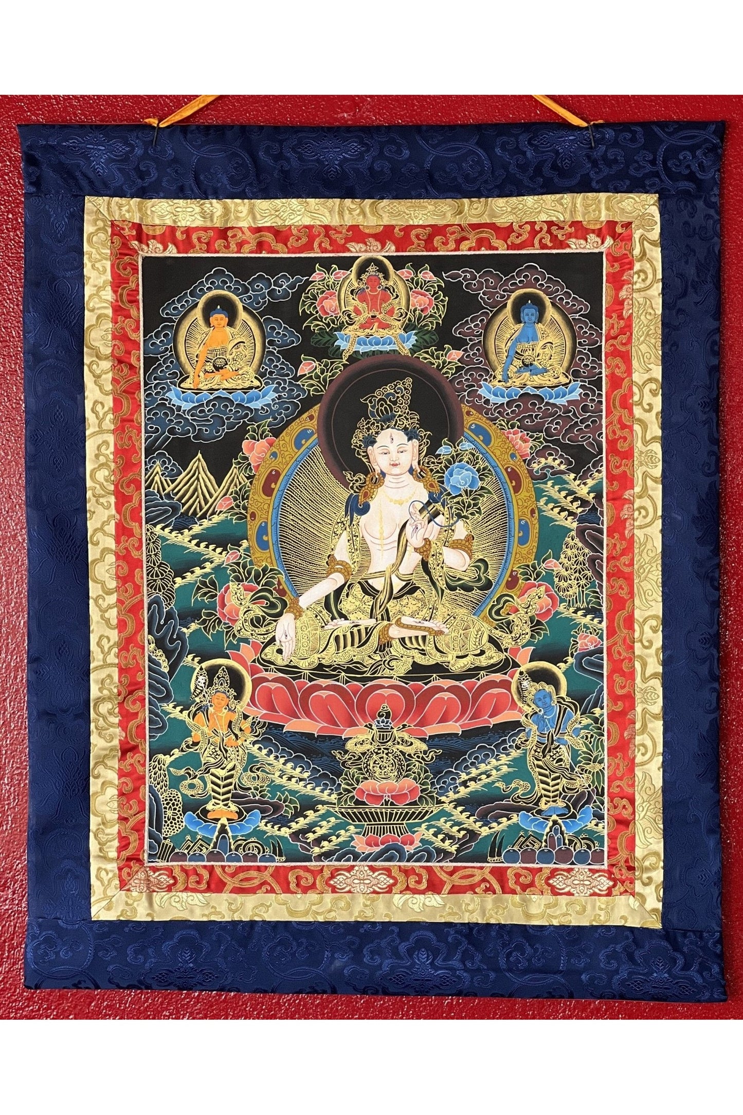 Hand Painted White Tara/Sitatara/ Mother Goddess Tibetan Thangka/Thanka Painting Original Art with Narrow Border - Tibetan Thangka Art