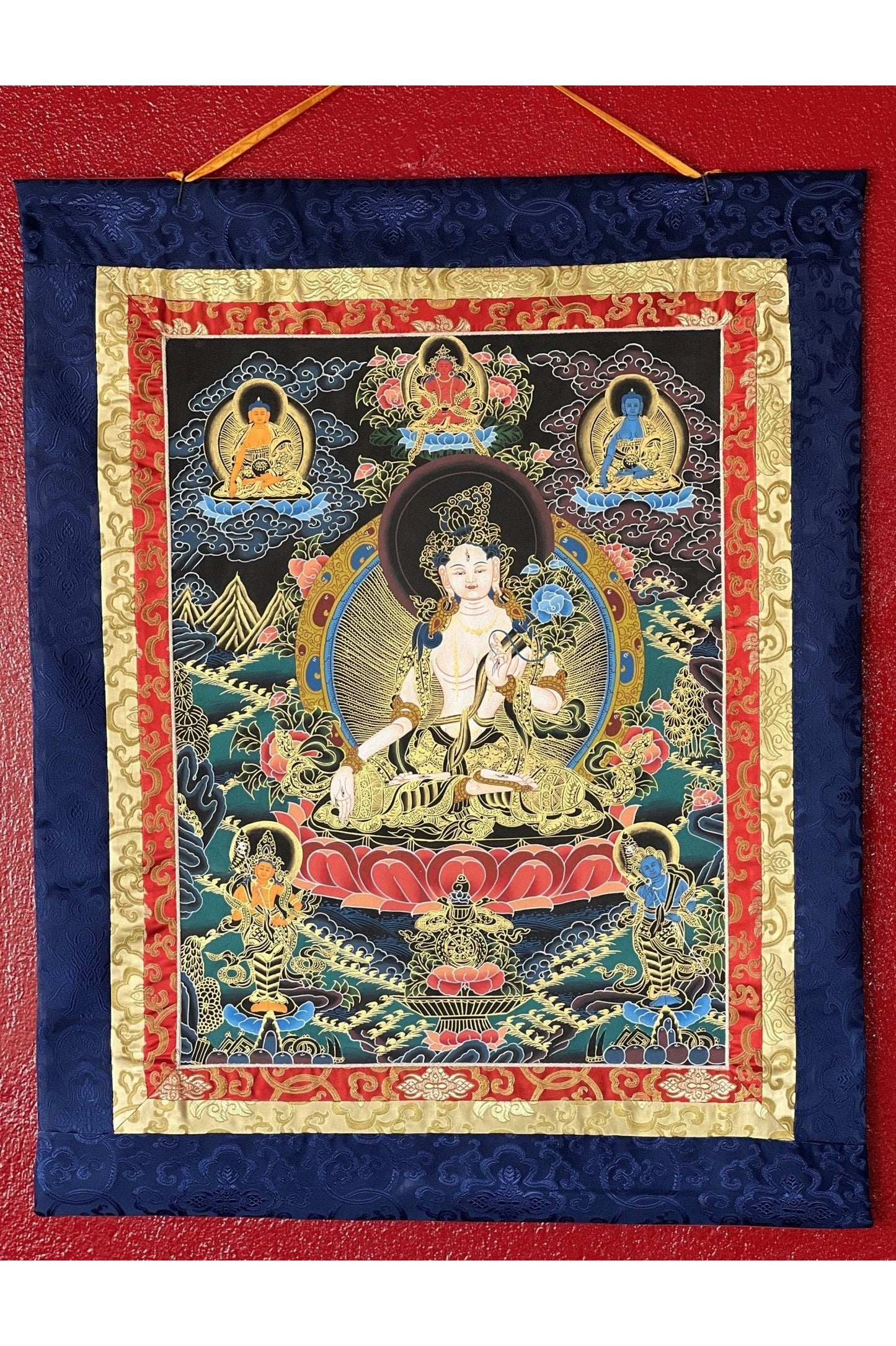 Hand Painted White Tara/Sitatara/ Mother Goddess Tibetan Thangka/Thanka Painting Original Art with Narrow Border - Tibetan Thangka Art