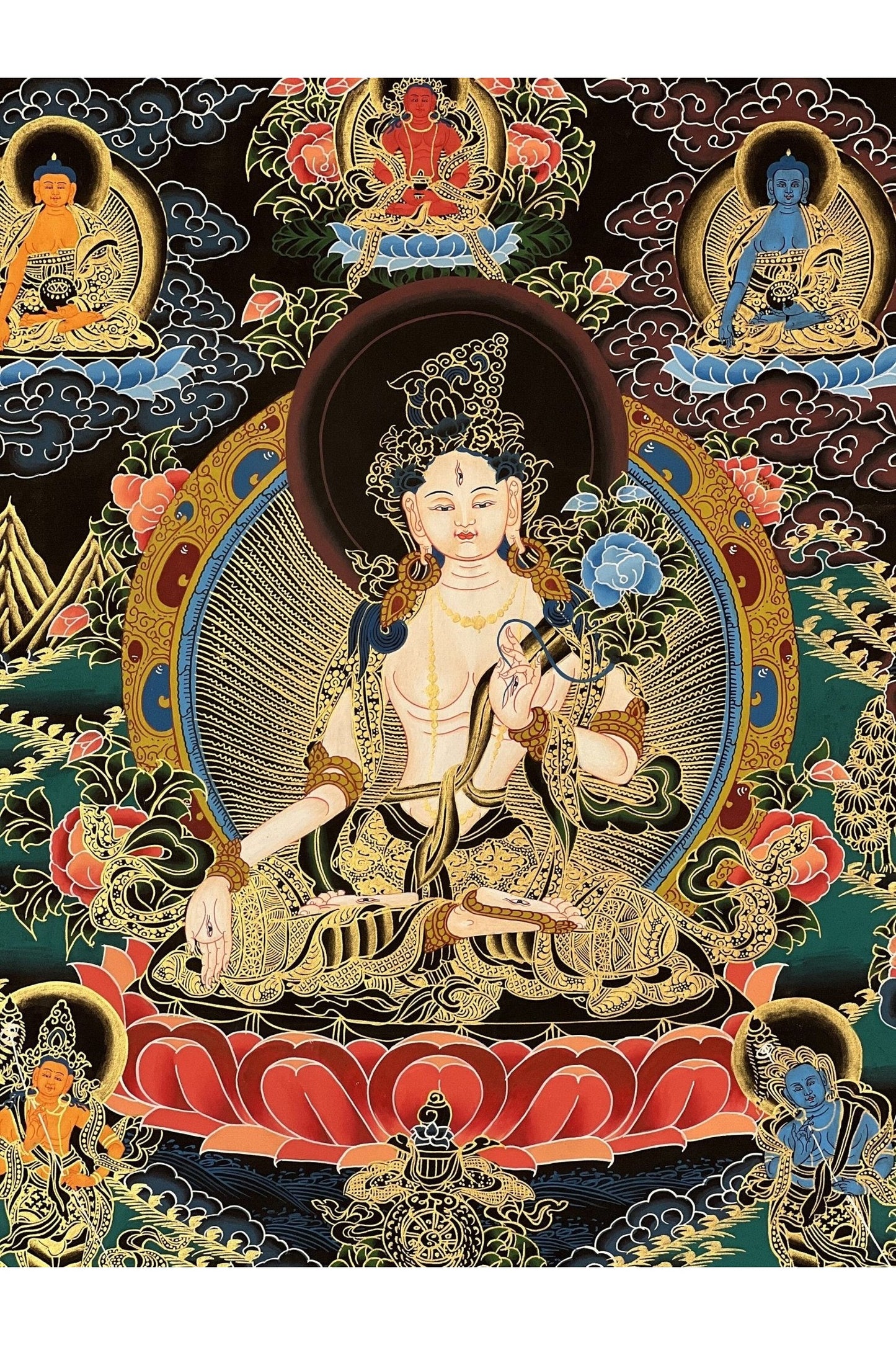 Hand Painted White Tara/Sitatara/ Mother Goddess Tibetan Thangka/Thanka Painting Original Art with Narrow Border - Tibetan Thangka Art
