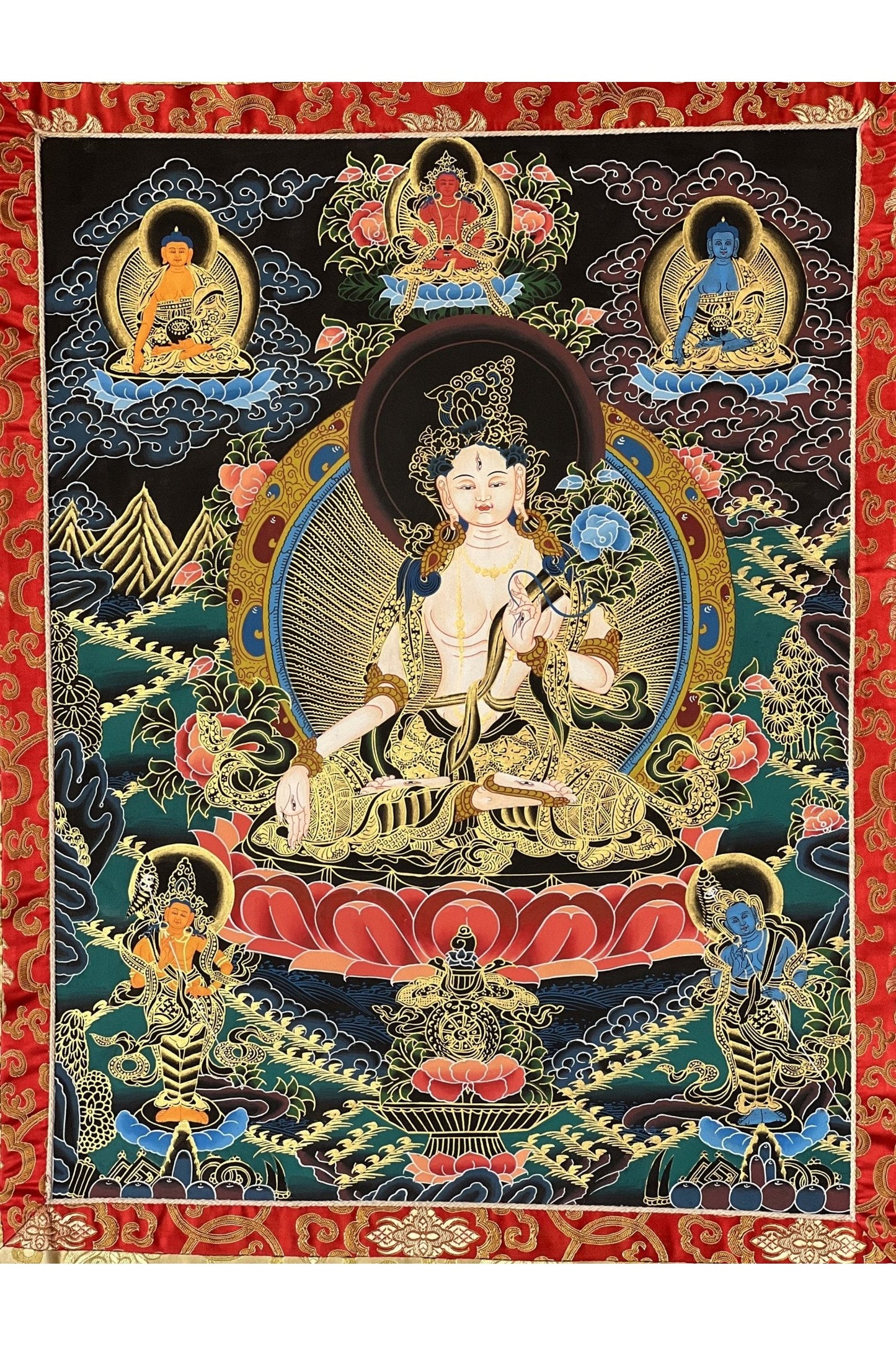 Hand Painted White Tara/Sitatara/ Mother Goddess Tibetan Thangka/Thanka Painting Original Art with Narrow Border - Tibetan Thangka Art