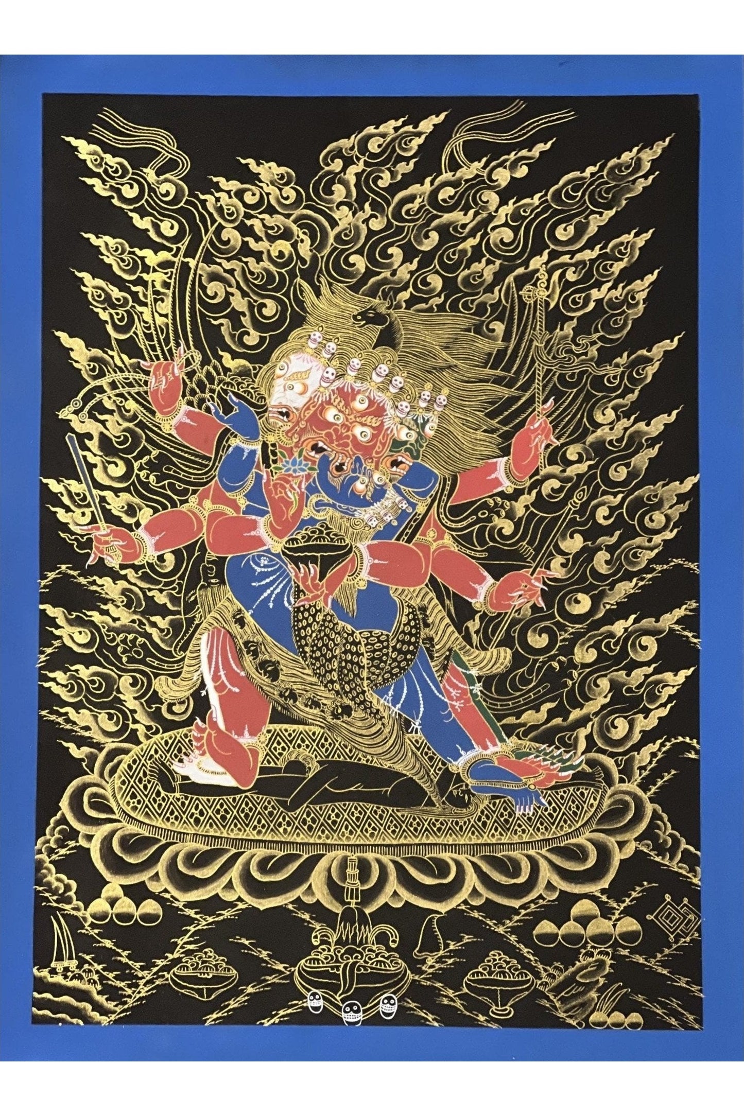 Hayagriva Wrathful Tantric Meditation Deity with Diptachakra Black and Gold Tibetan Thangka Painting Original Buddhist Art - Tibetan Thangka Art