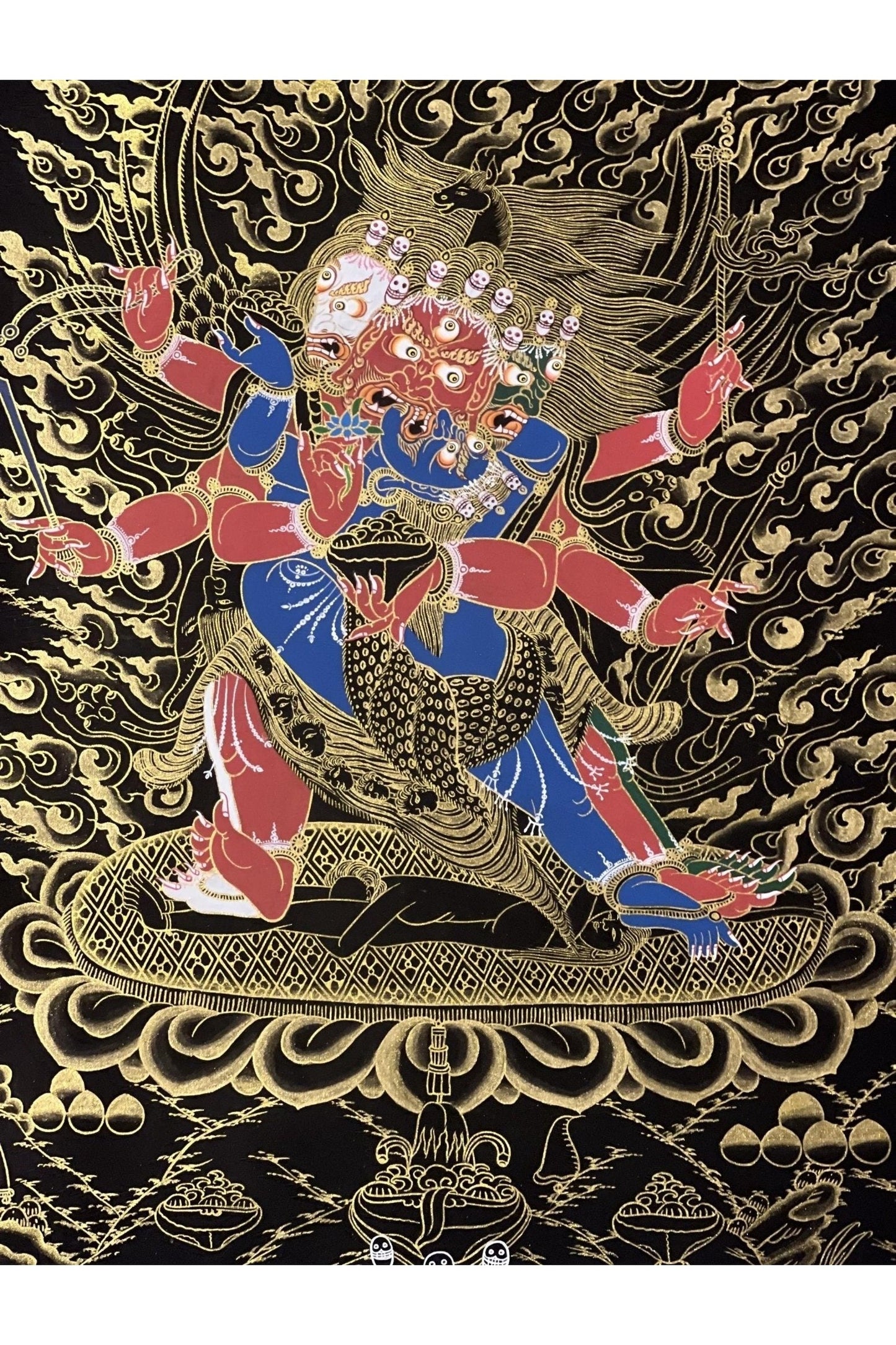 Hayagriva Wrathful Tantric Meditation Deity with Diptachakra Black and Gold Tibetan Thangka Painting Original Buddhist Art - Tibetan Thangka Art