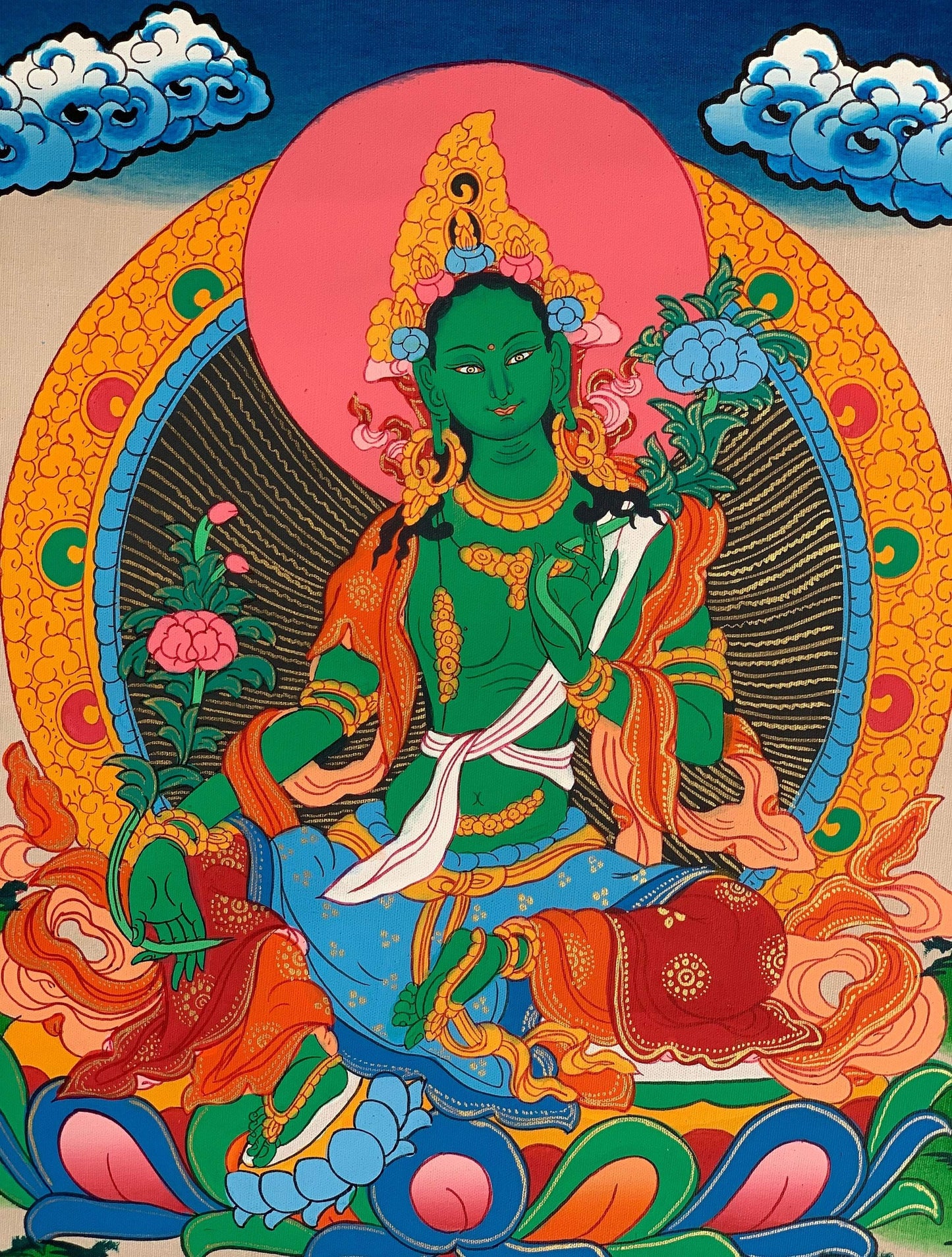 Hand-Painted Green Tara Thangka with Silk Brocade