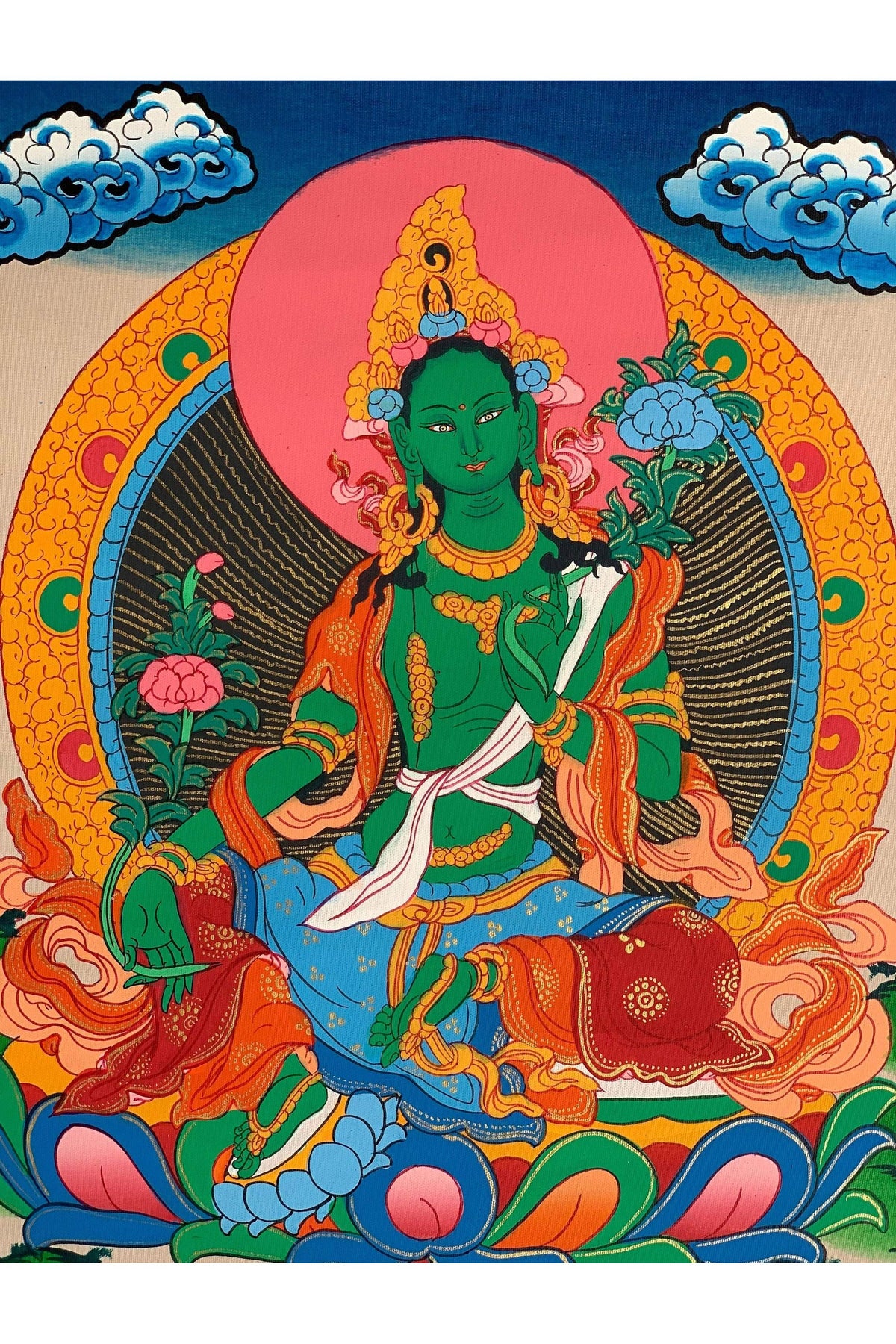 Hand-Painted Green Tara Thangka with Silk Brocade