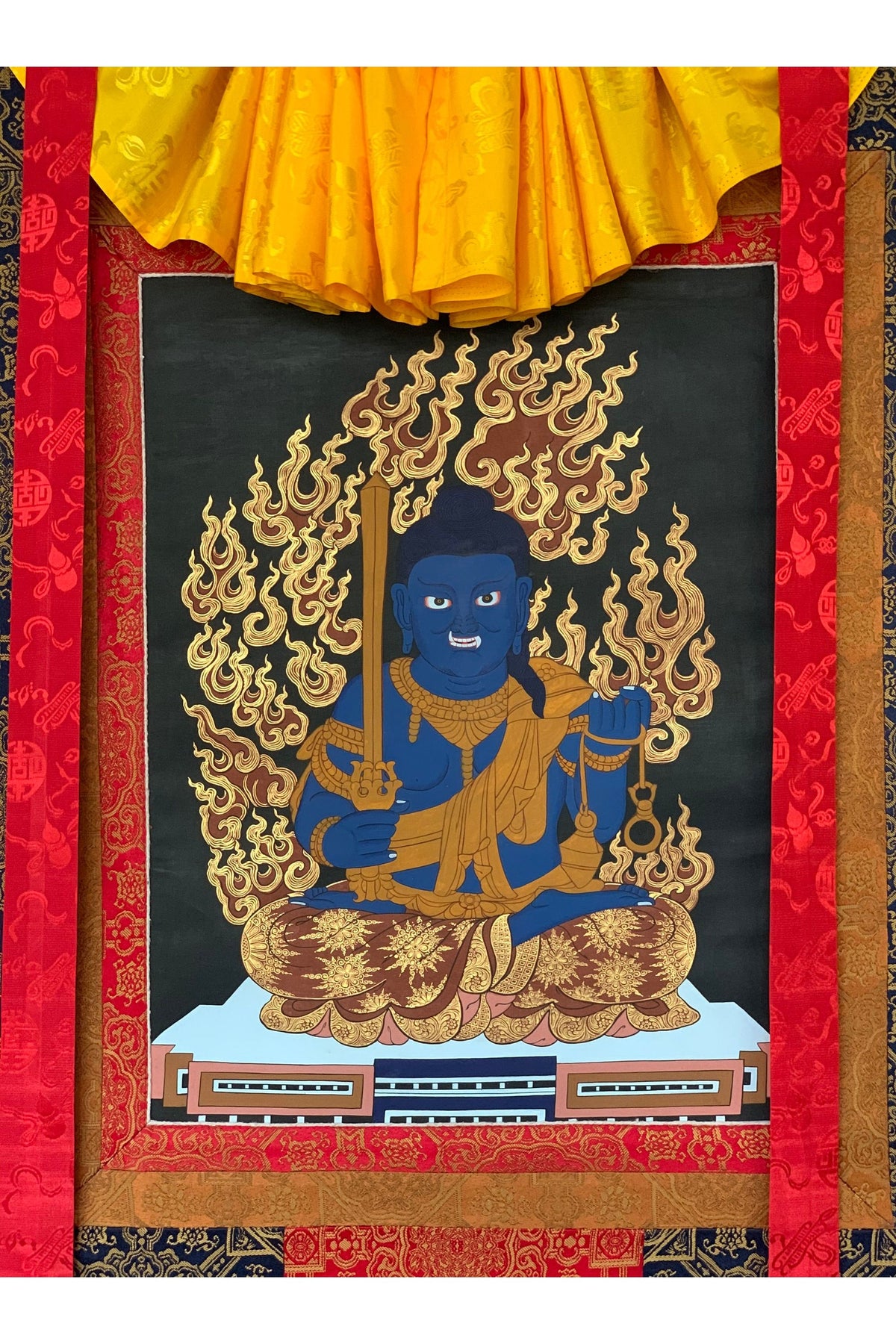 Hand-Painted Fudo Myo-o Thangka Painting with Silk Brocade