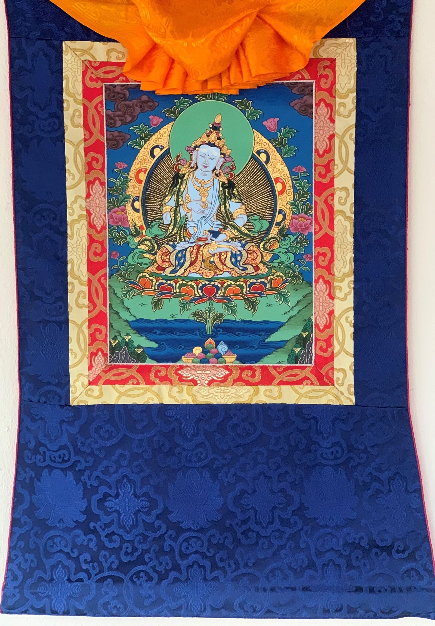 Hand-painted Vajrasattva, Dhyani Buddha, Karma purification, Thangka Painting with Silk Brocade