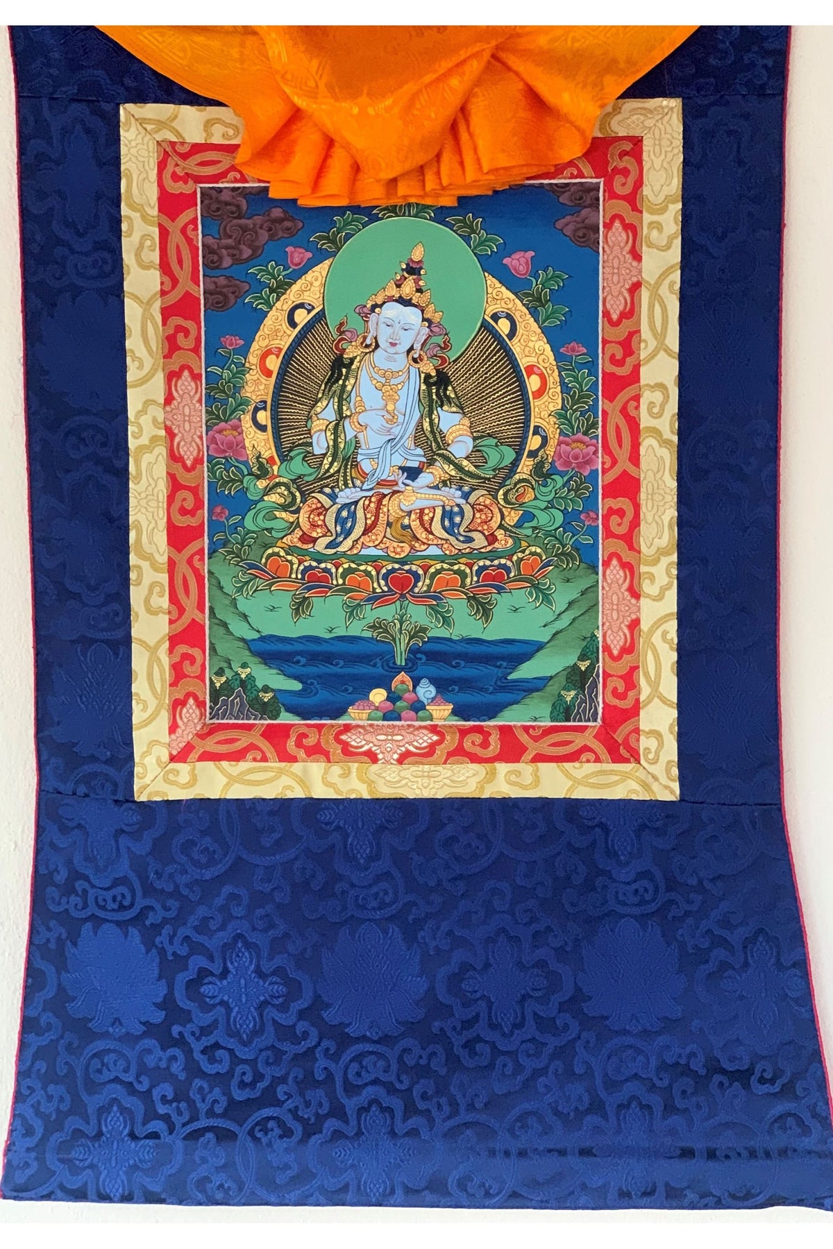 Hand-painted Vajrasattva, Dhyani Buddha, Karma purification, Thangka Painting with Silk Brocade