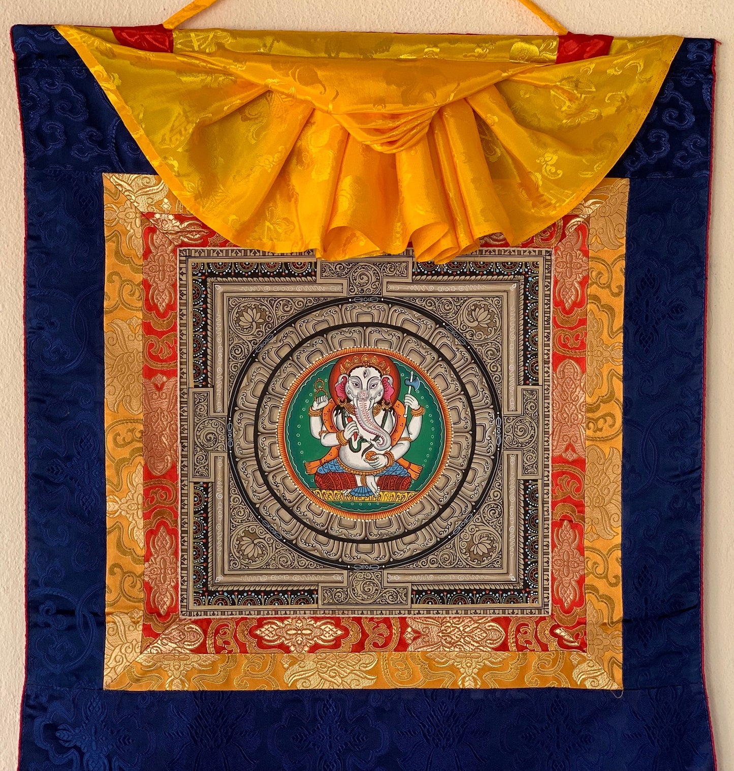 Hand-Painted Ganesha Sri Yantra Thangka Painting with Silk Brocade