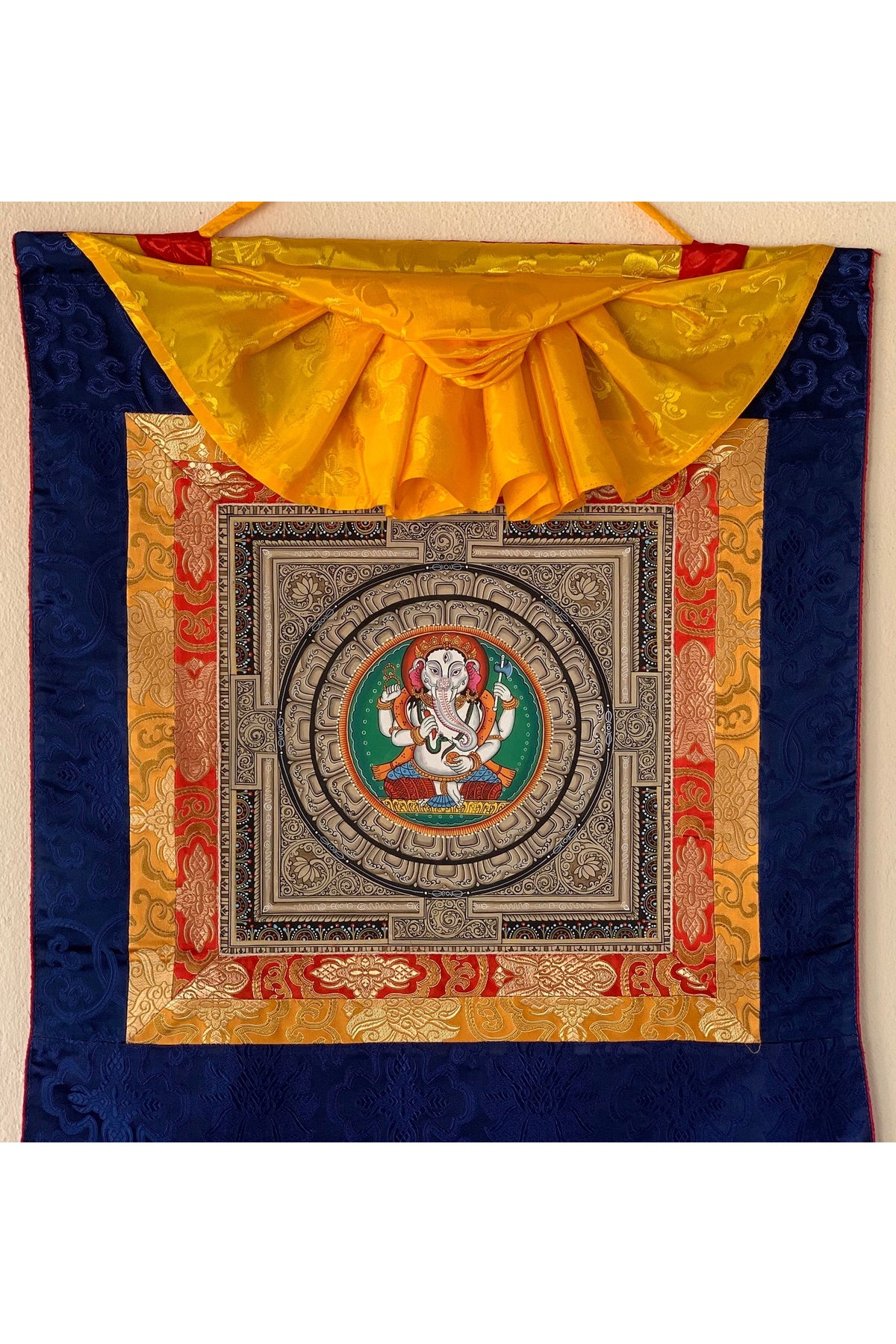 Hand-Painted Ganesha Sri Yantra Thangka Painting with Silk Brocade