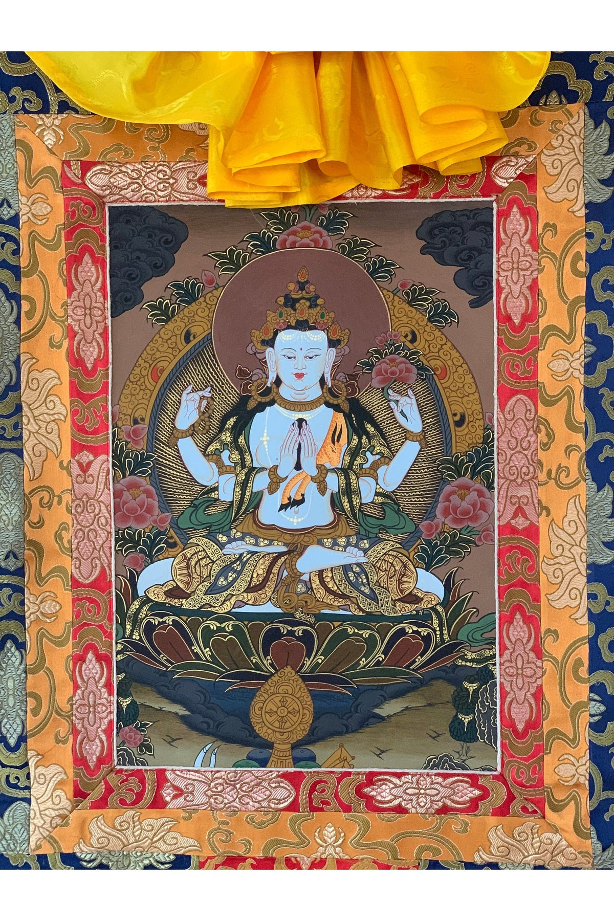 Avalokiteshvara Thangka | Hand-Painted Chenrezig Tibetan Compassion Art with Silk Brocade