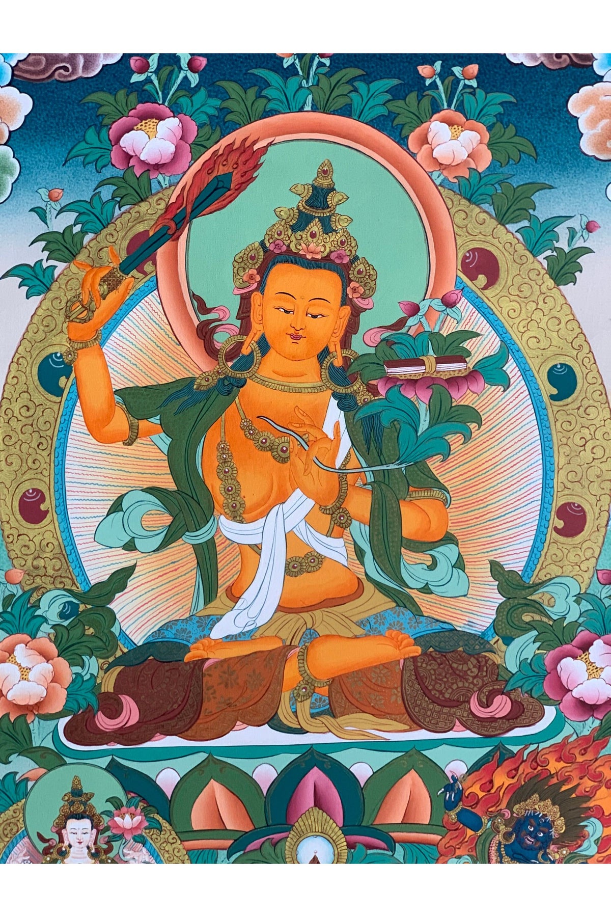 Manjushri Thangka | Hand-Painted Tibetan Wisdom Buddha Art with Silk Brocade