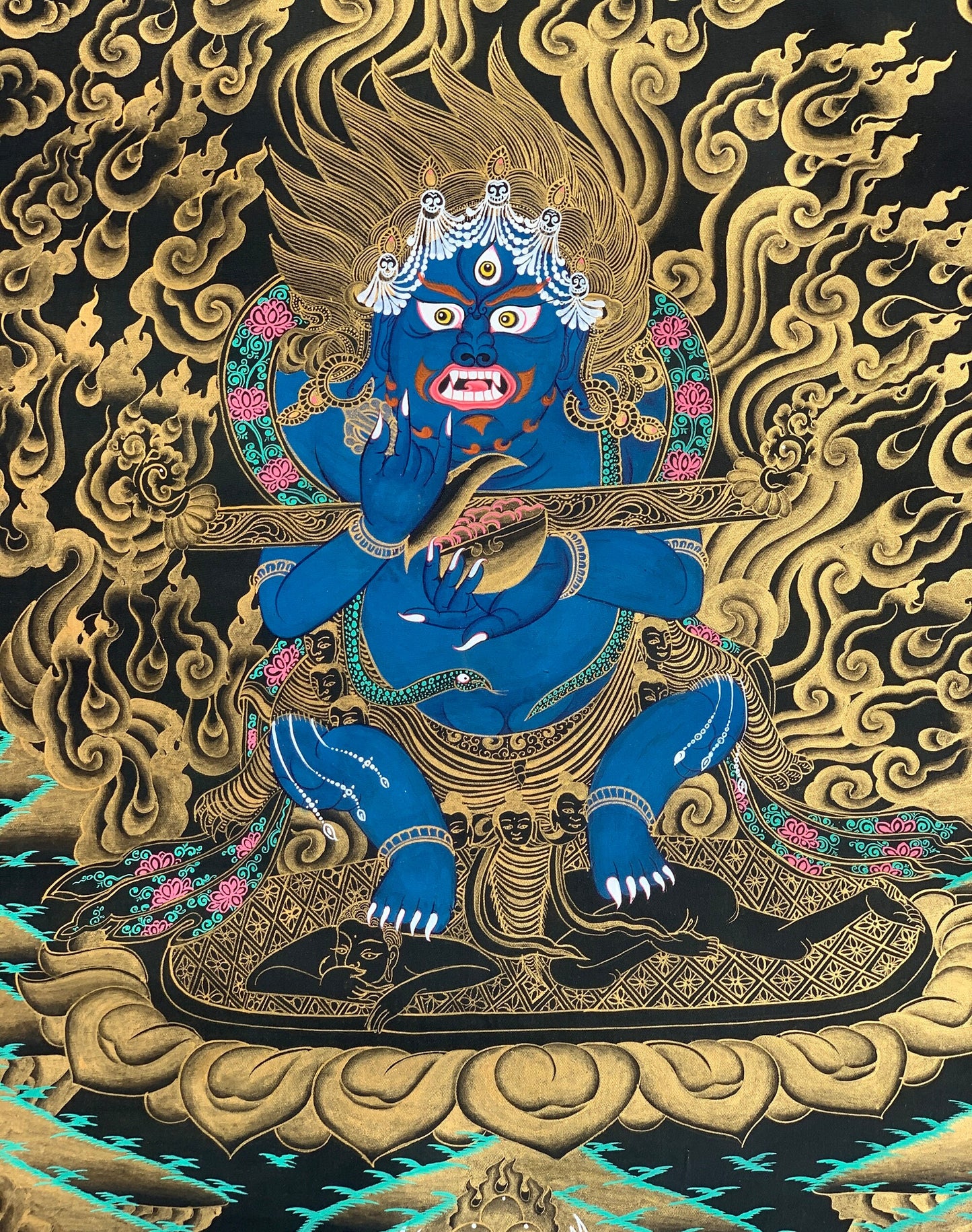 Hand-Painted Mahakala Thangka | Gold & Natural Colors, Nepalese Art